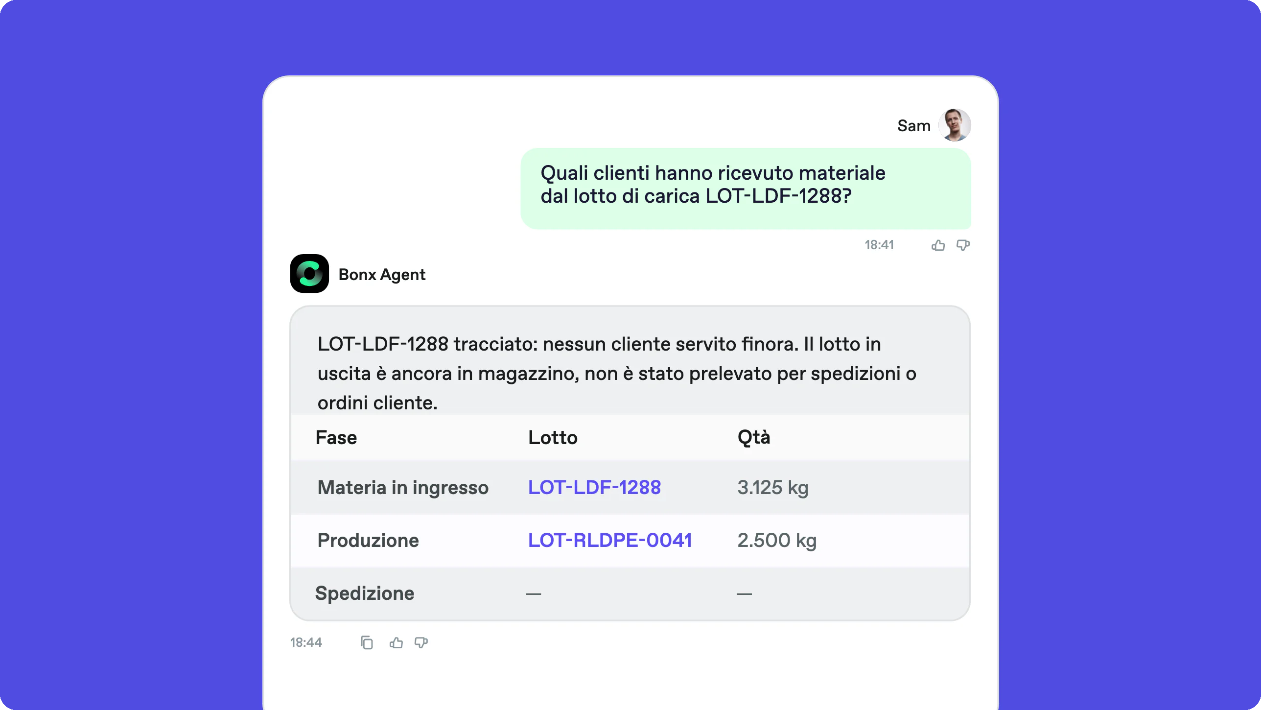 Screenshot Bonx, ERP riciclo: l'agente traccia a valle il lotto di carica LOT-LDF-1288 e mostra che il lotto in uscita è ancora in magazzino e nessun cliente è stato servito.