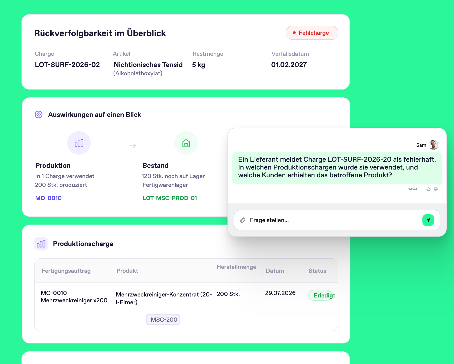 Bonx Screenshot: Rückverfolgbarkeit einer Fehlcharge eines nichtionischen Tensids, mit den Auswirkungen auf Produktion und Bestand und der betroffenen Produktionscharge.