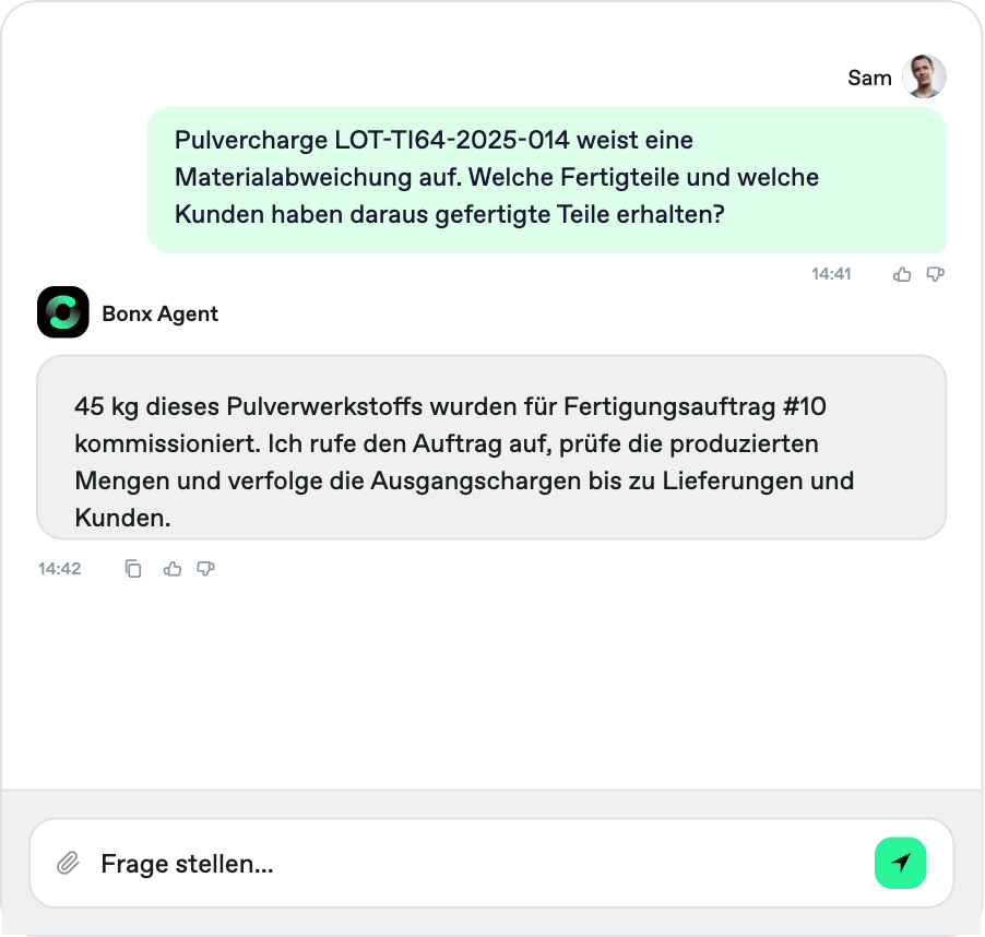 Bonx Screenshot: Der Agent verfolgt die Pulvercharge LOT-TI64-2025-014 mit Materialabweichung und ermittelt die daraus gefertigten Teile und die belieferten Kunden.