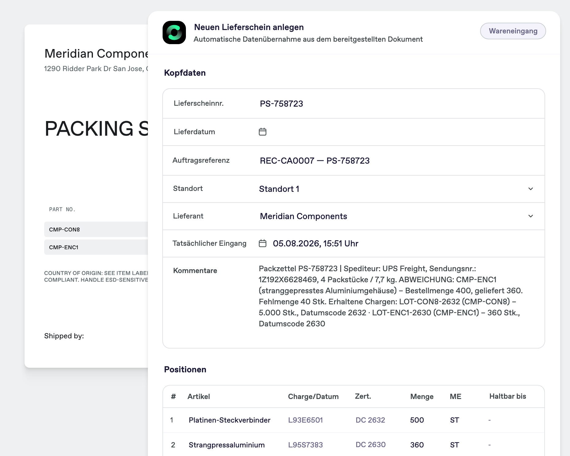 Bonx Screenshot: Erfassung eines Lieferscheins aus dem Packzettel eines Elektroniklieferanten, mit gemeldeter Fehlmenge von 40 Stück.