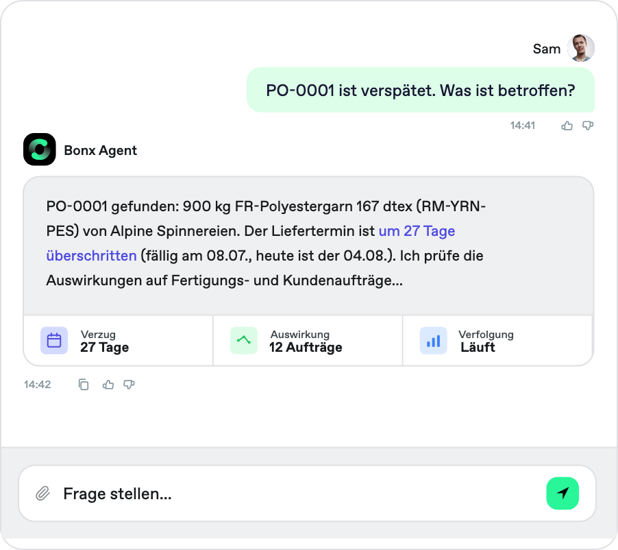 Bonx Screenshot: Der Agent erklärt, warum die Bestellung PO-0001 verspätet ist, und verfolgt die Auswirkungen auf Fertigungs- und Kundenaufträge.