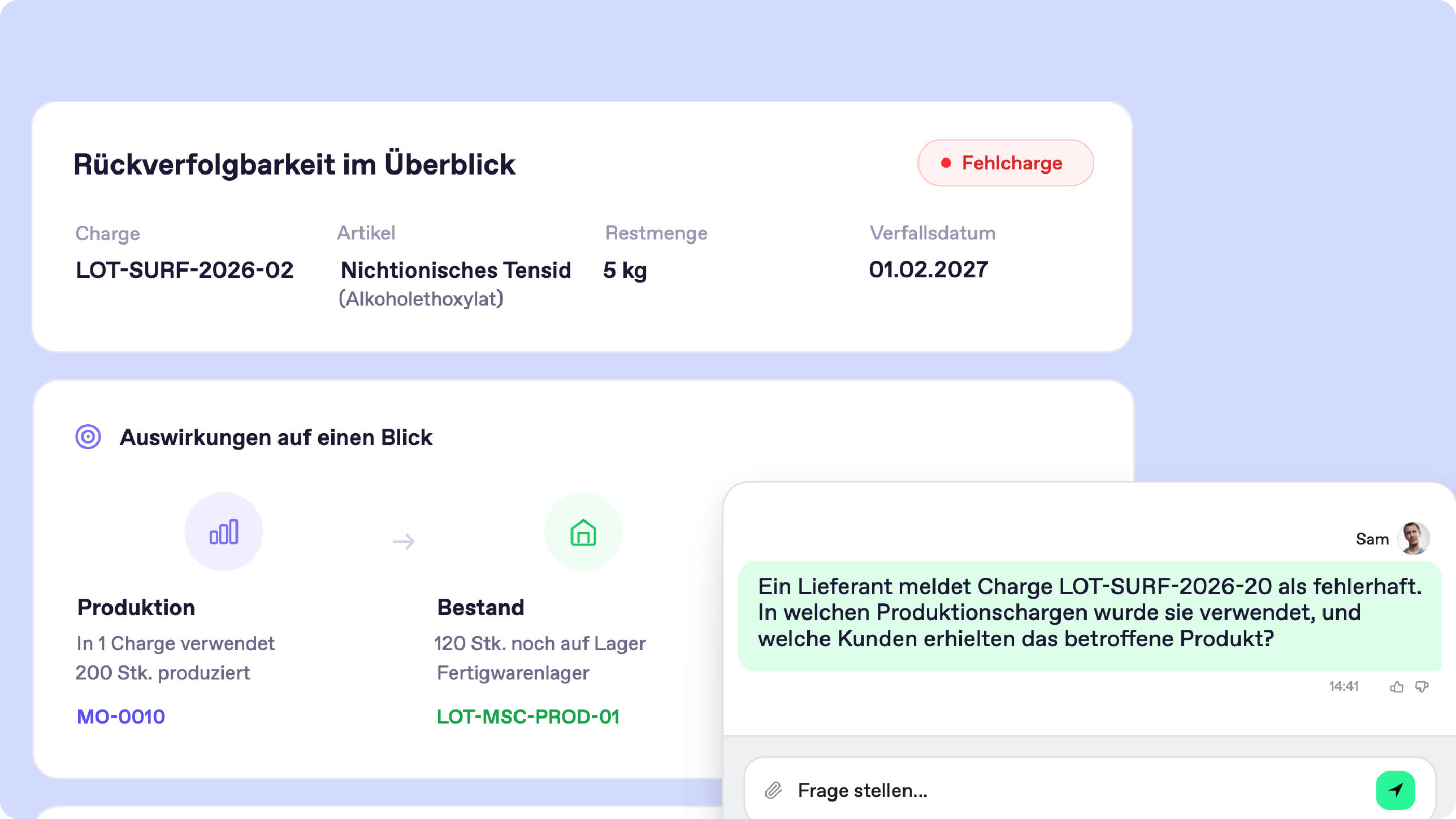 Bonx Chemie-ERP Screenshot: Rückverfolgbarkeit der Fehlcharge LOT-SURF-2026-02 eines Tensids, mit den betroffenen Produktions- und Bestandsdaten und der auslösenden Anfrage.