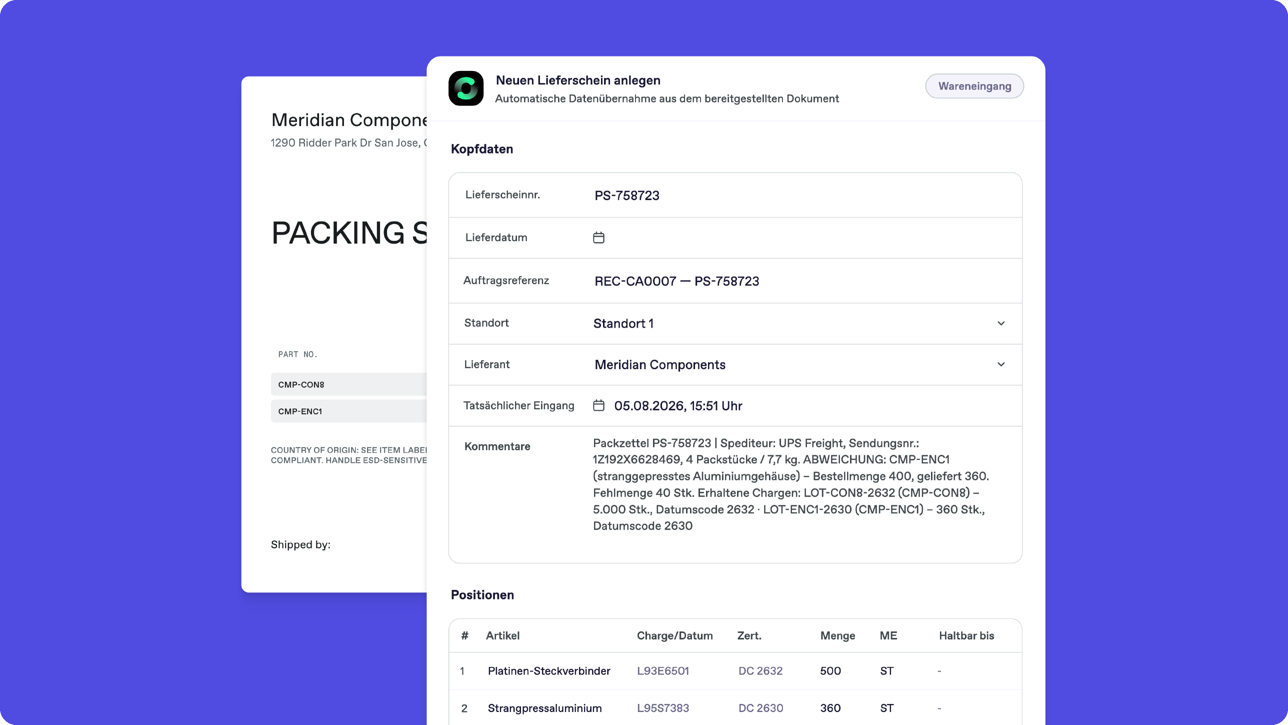 Bonx Elektronik-ERP Screenshot: Erfassung eines Lieferscheins aus dem Packzettel eines Lieferanten, mit gemeldeter Fehlmenge von 40 Stück.