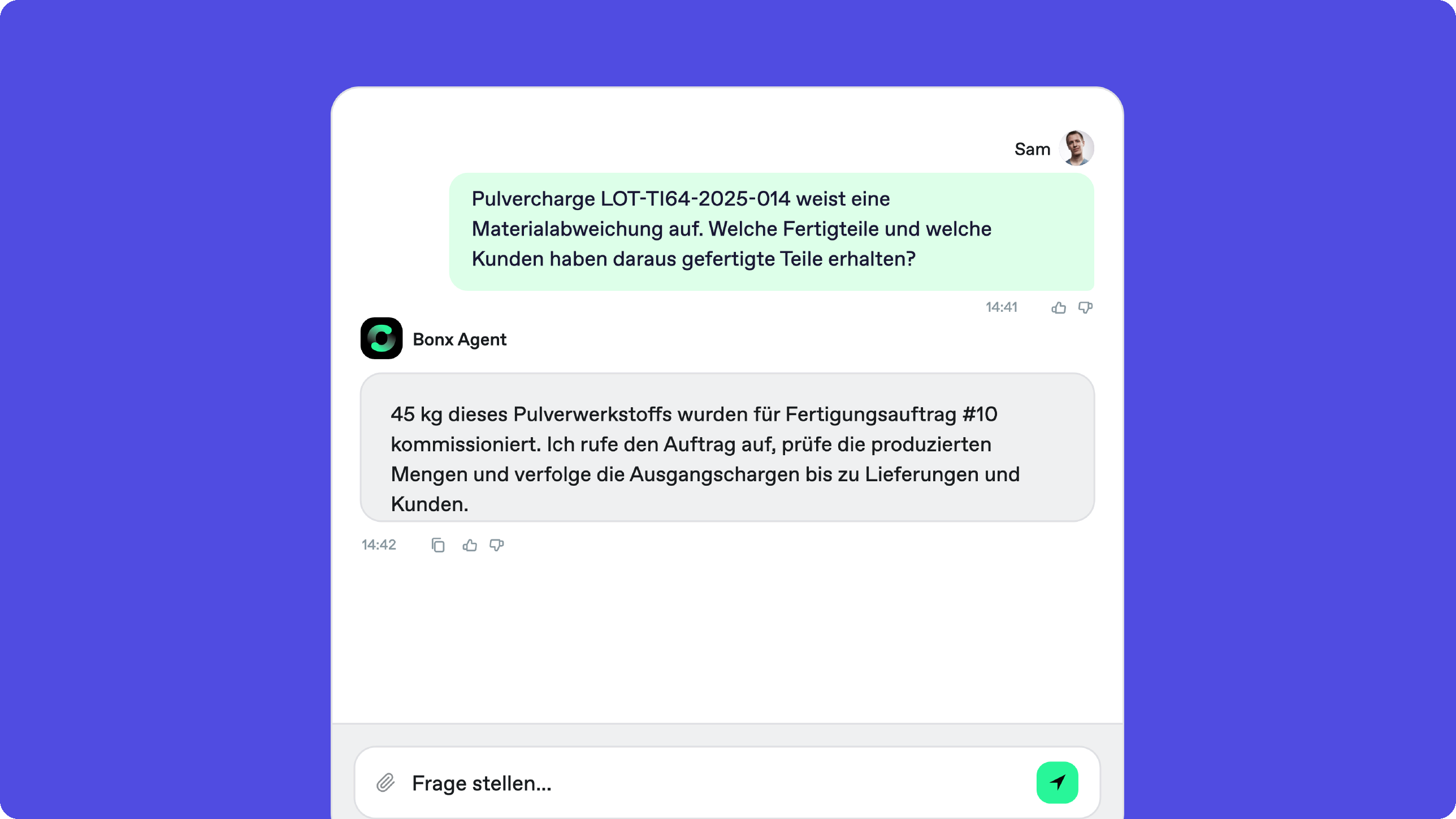 Bonx ERP für additive Fertigung Screenshot: Der Agent verfolgt die Pulvercharge LOT-TI64-2025-014 mit Materialabweichung und ermittelt die daraus gefertigten Teile und die belieferten Kunden.