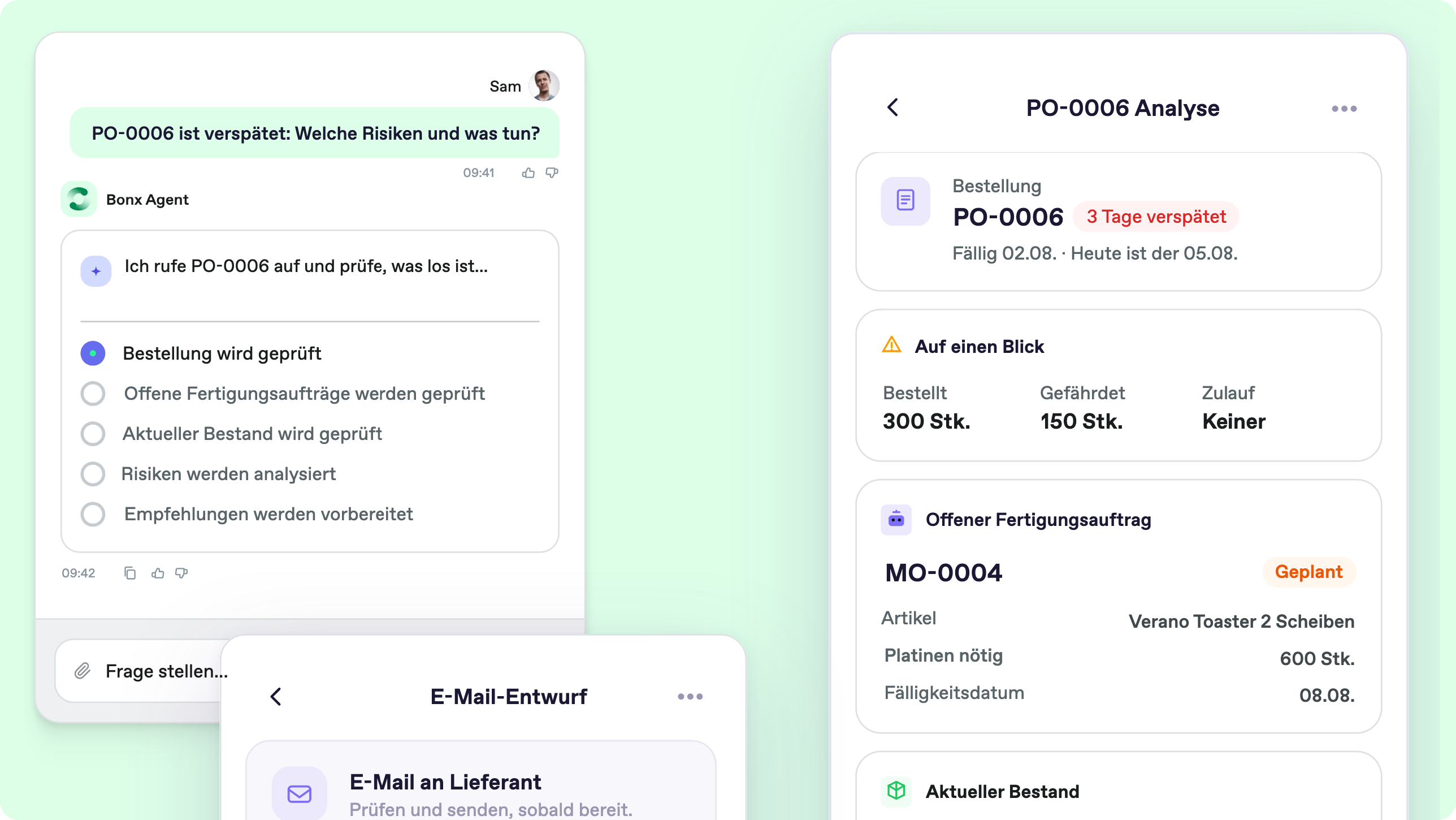 Bonx Hausgeräte-ERP Screenshot: Der Agent analysiert die verspätete Bestellung PO-0006 mit gefährdeten Mengen, offenem Fertigungsauftrag, Bestand und vorbereitetem E-Mail-Entwurf.
