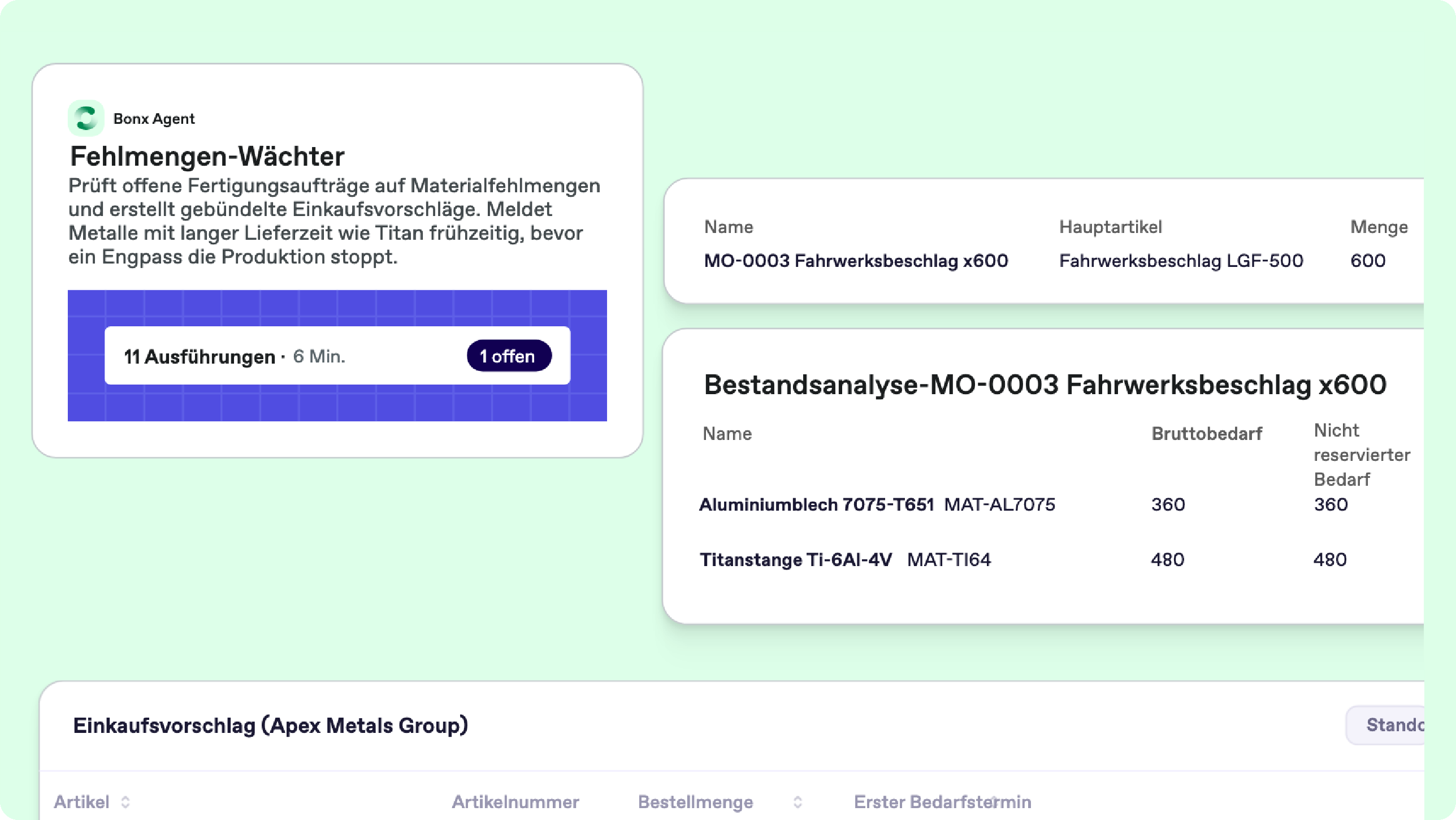 Bonx Luftfahrt-ERP Screenshot: Der Agent „Fehlmengen-Wächter“ meldet fehlendes Titan, daneben die Bestandsanalyse eines Fahrwerksbeschlags und ein gebündelter Einkaufsvorschlag.