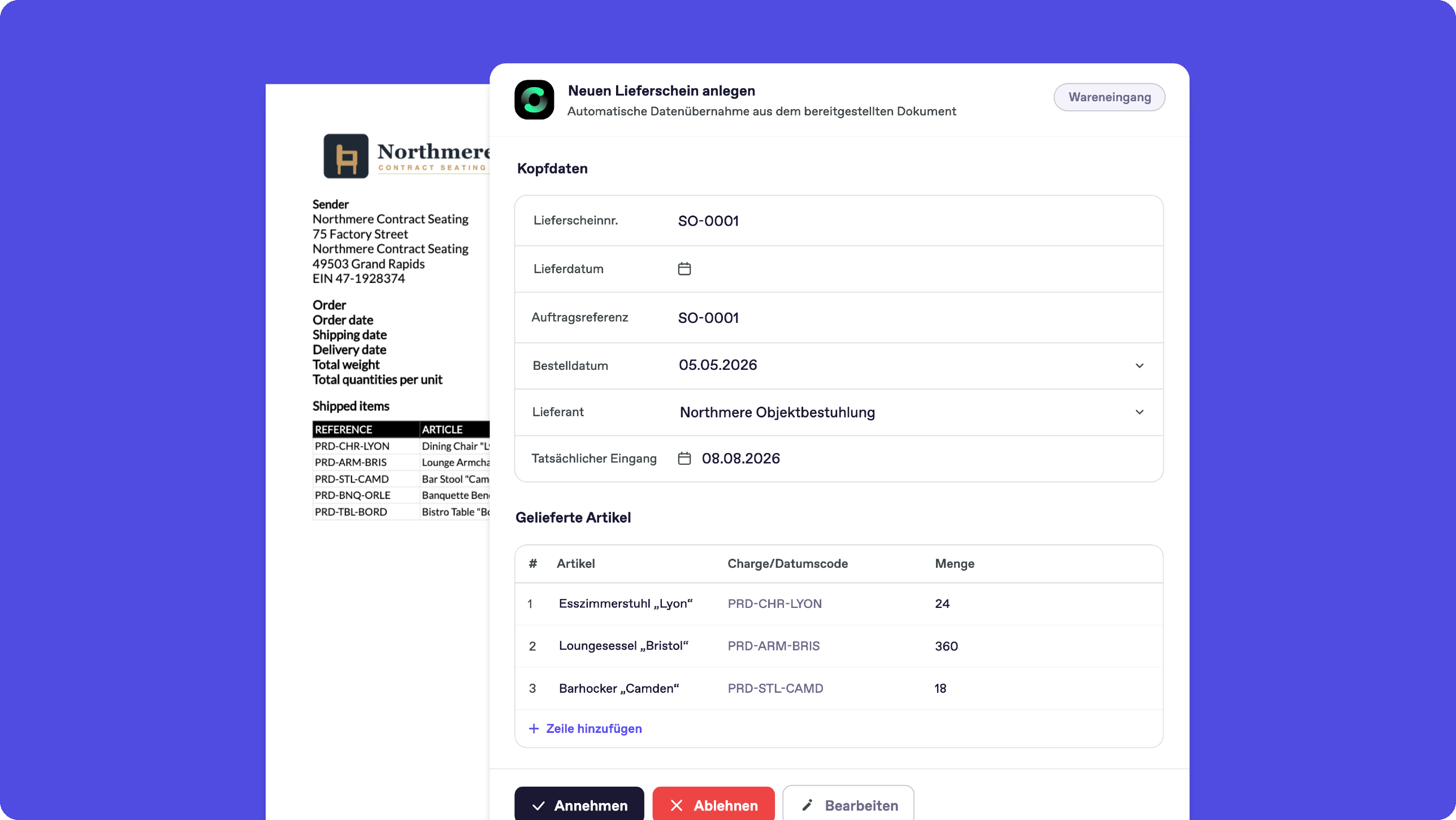 Bonx Möbel-ERP Screenshot: Auslesen eines Lieferscheins, mit vorausgefüllten Kopfdaten und gelieferten Artikeln zur Freigabe.