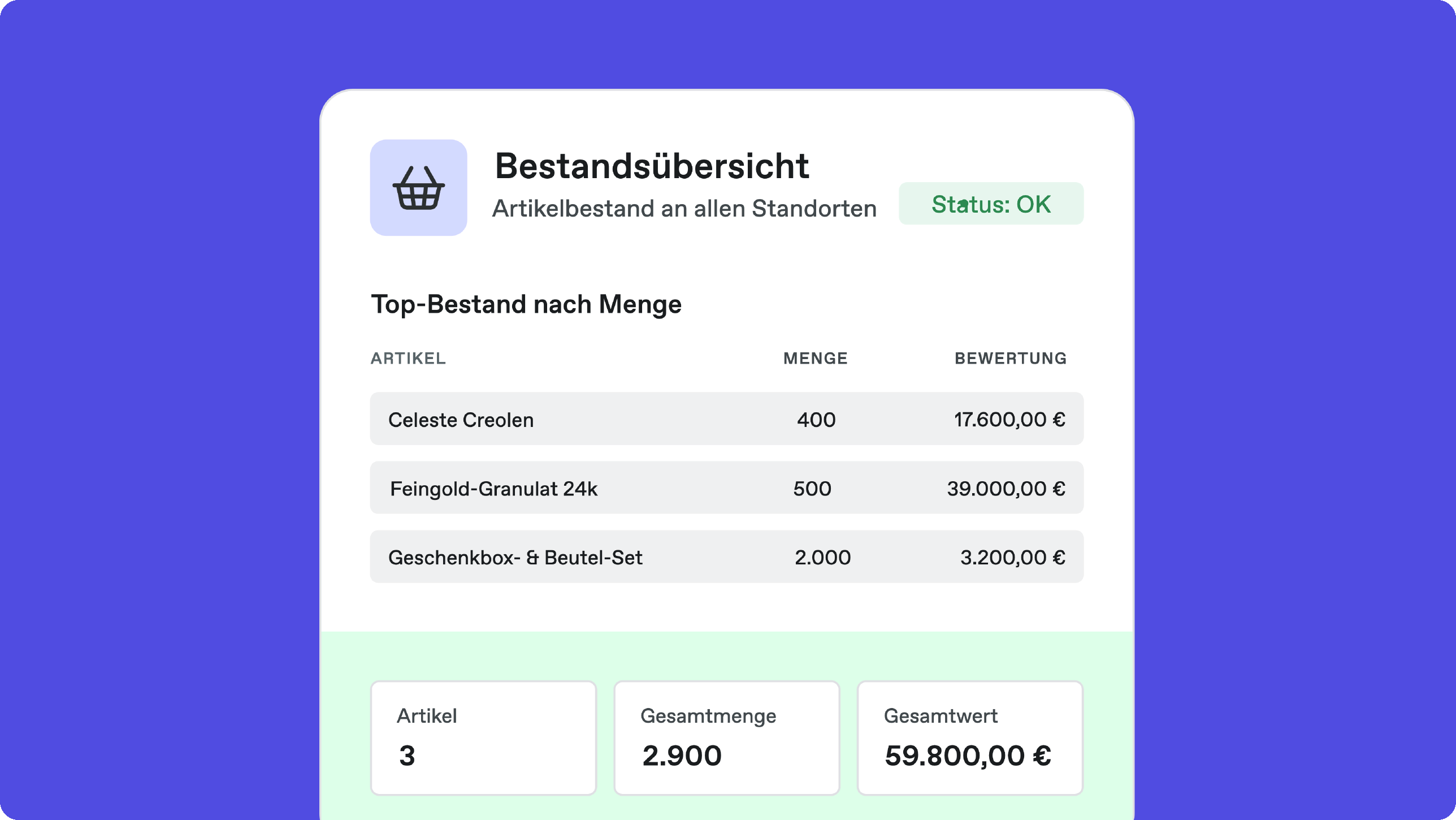 Bonx Schmuck-ERP Screenshot: Bestandsübersicht mit den mengenstärksten Artikeln, ihrer Bewertung und den Gesamtwerten.