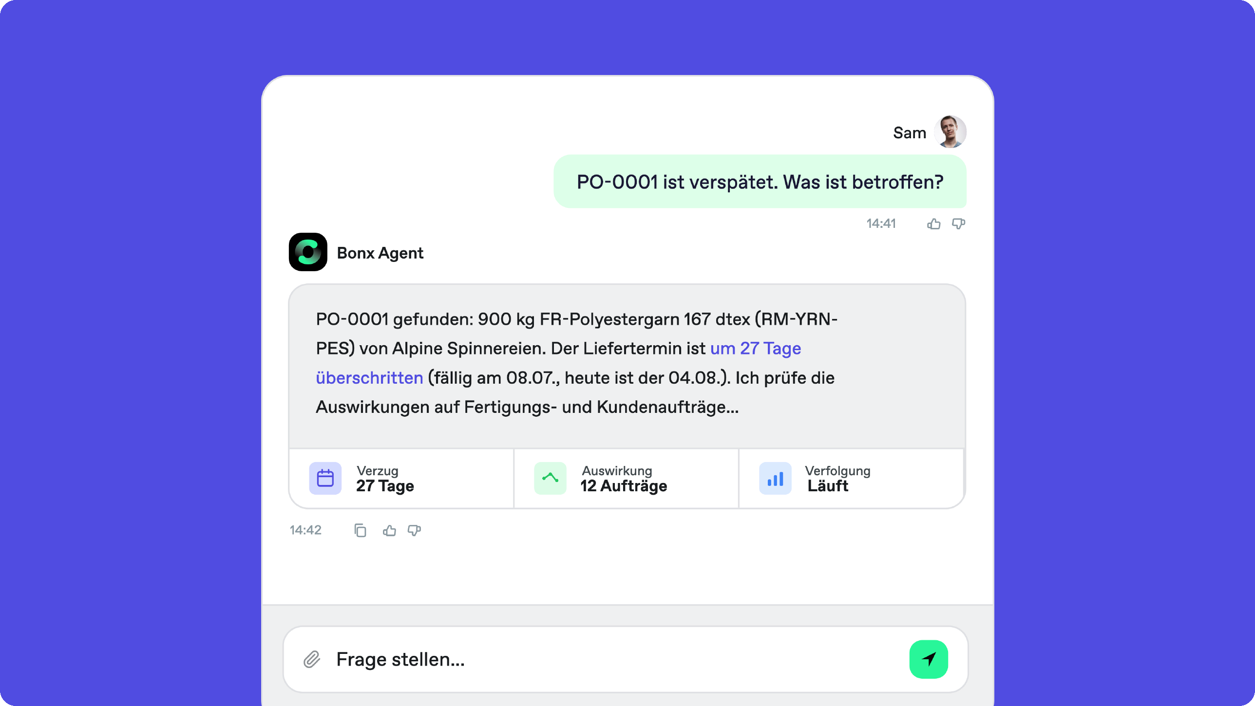 Bonx Textil-ERP Screenshot: Der Agent erklärt, warum die Bestellung PO-0001 verspätet ist, und verfolgt die Auswirkungen auf Fertigungs- und Kundenaufträge.