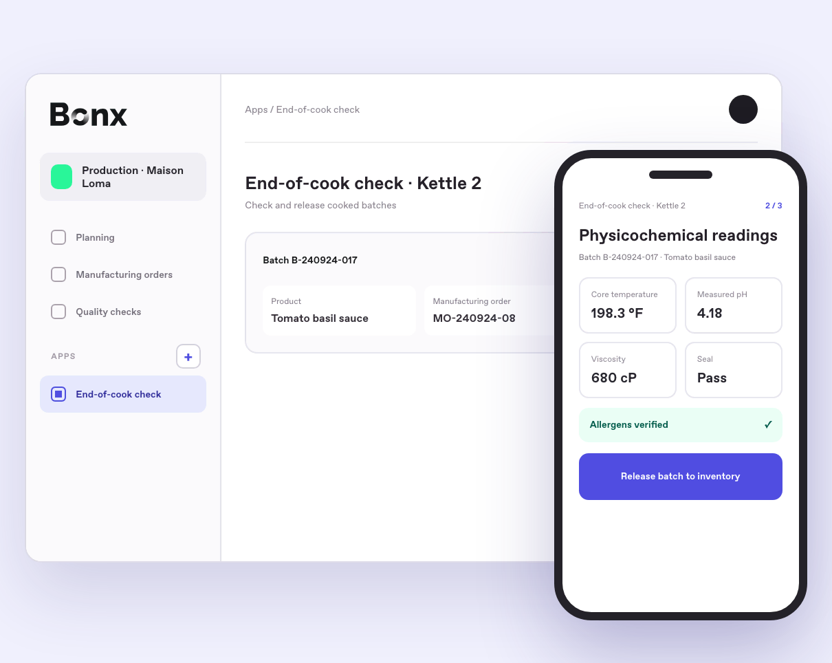 End-of-cook check app built in Bonx, on desktop and on a phone, with temperature, pH, viscosity, and seal readings.