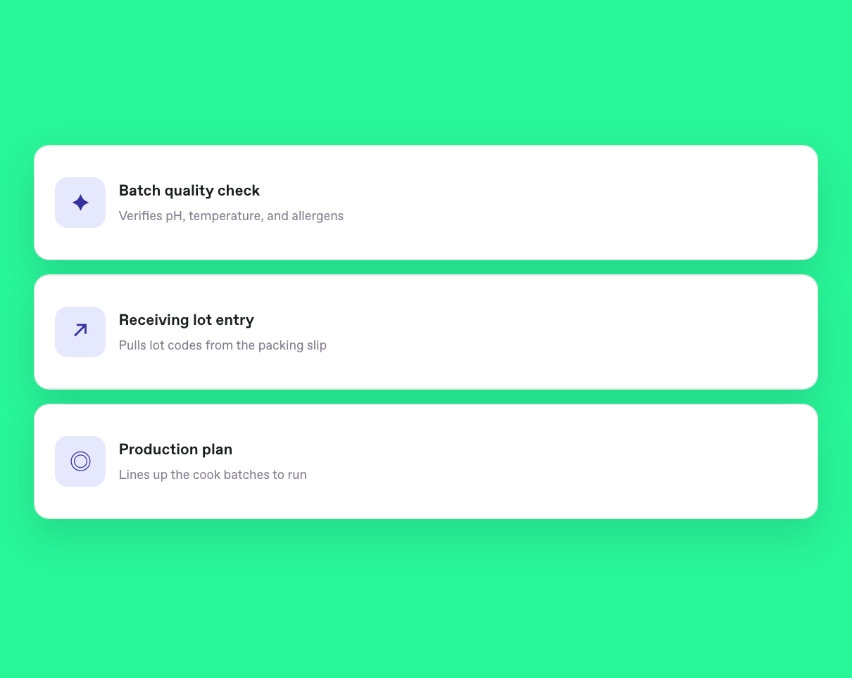 Three active automations in Bonx: a batch quality check, lot entry from the packing slip, and a production plan.