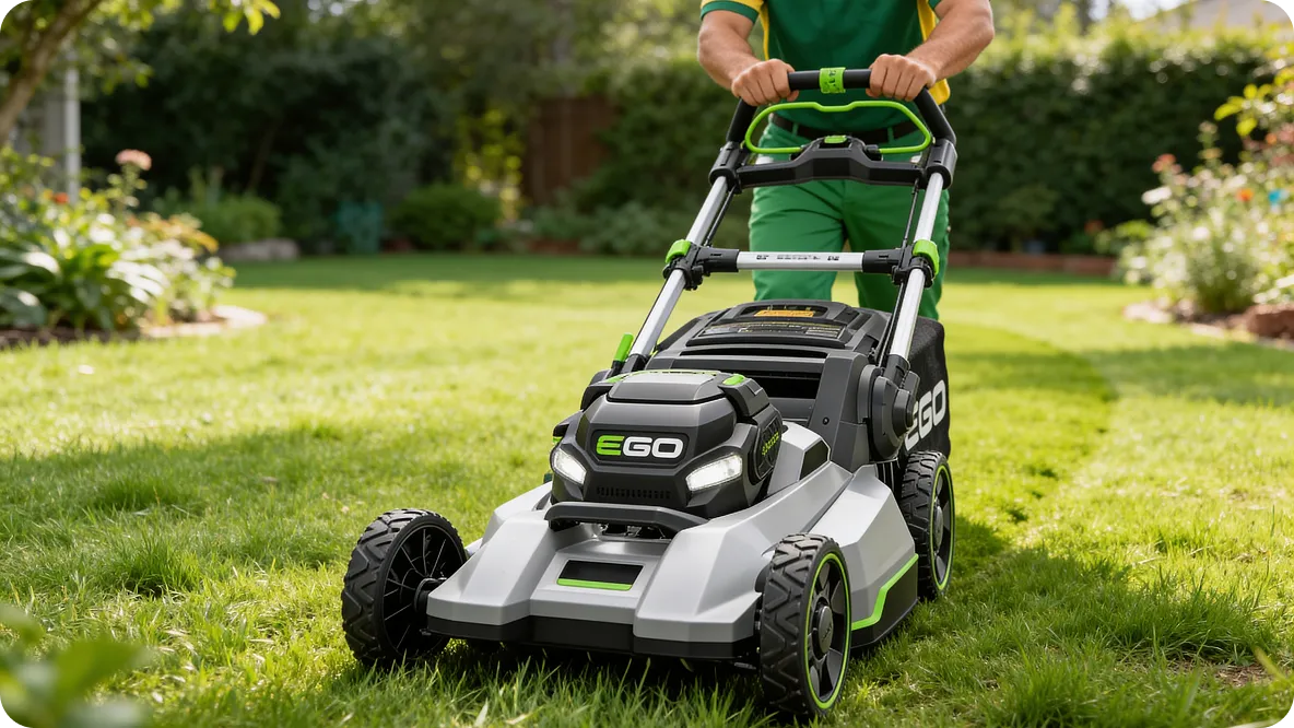 Lawn mowing in a well maintained residential garden