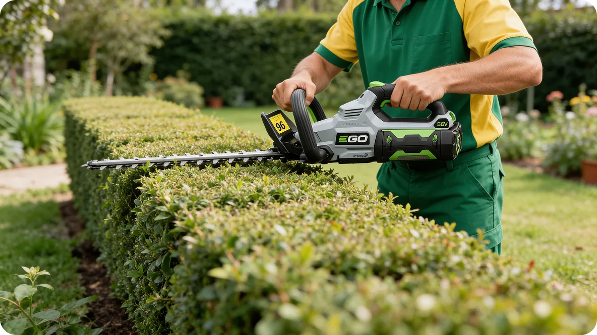 Hedge trimming in a leafy residential garden