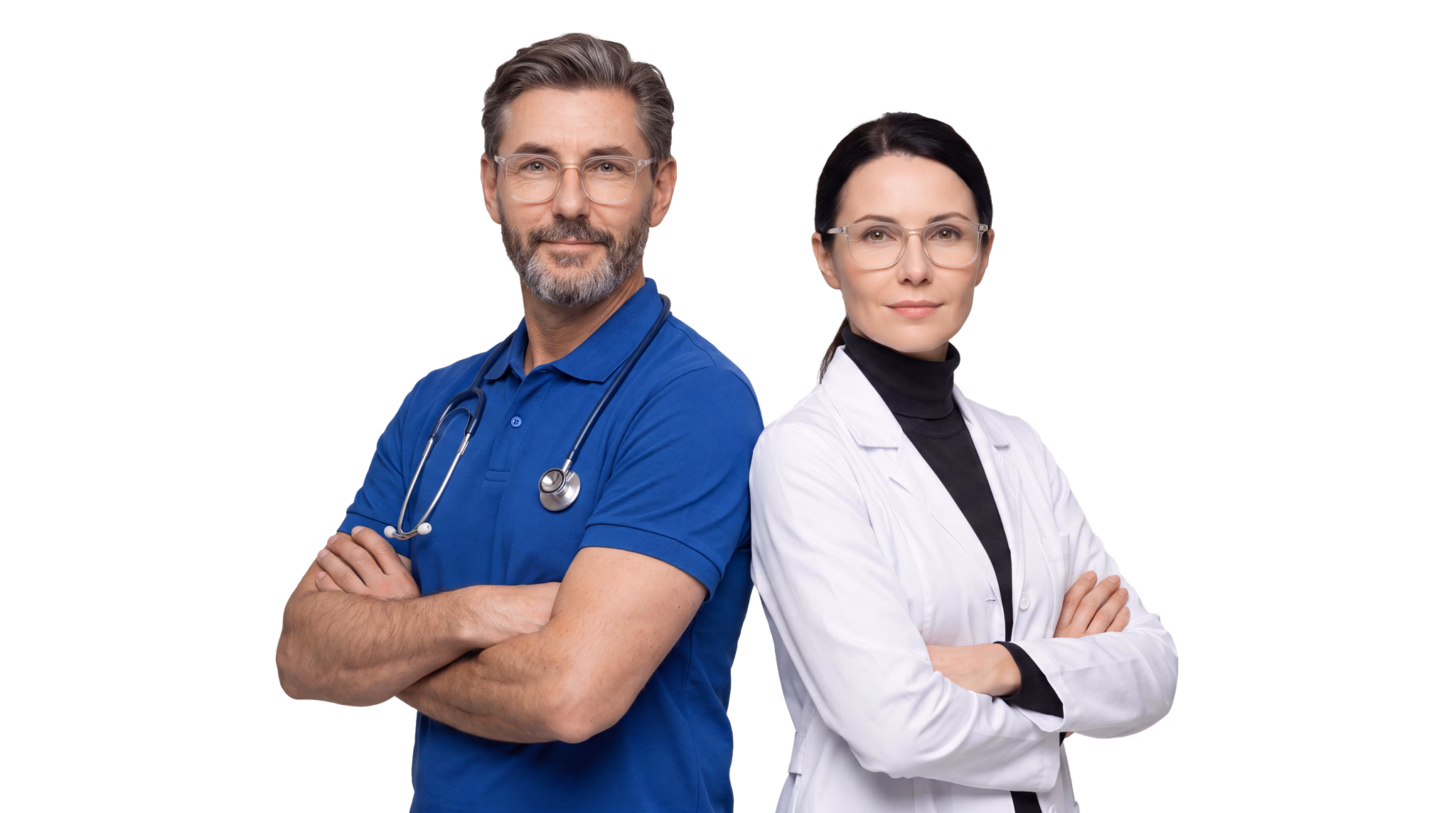 Ein Arzt und eine Wissenschaftlerin, Rücken an Rücken