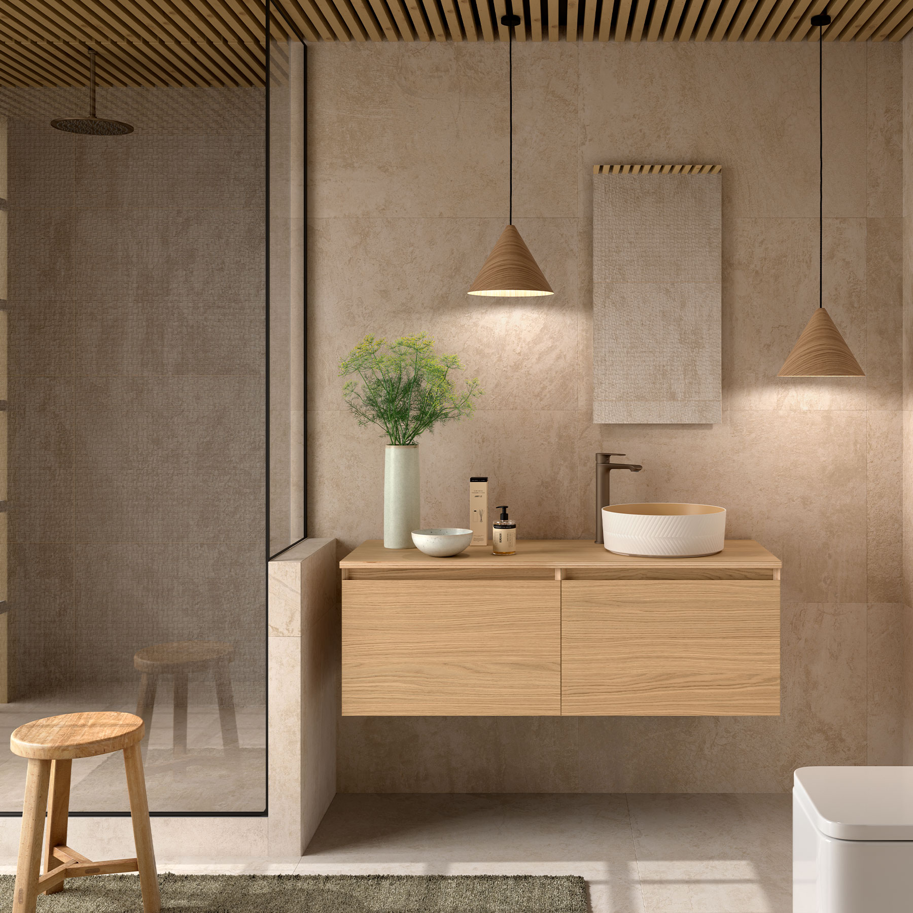 Lichte badkamer met eiken meubel en regendouche