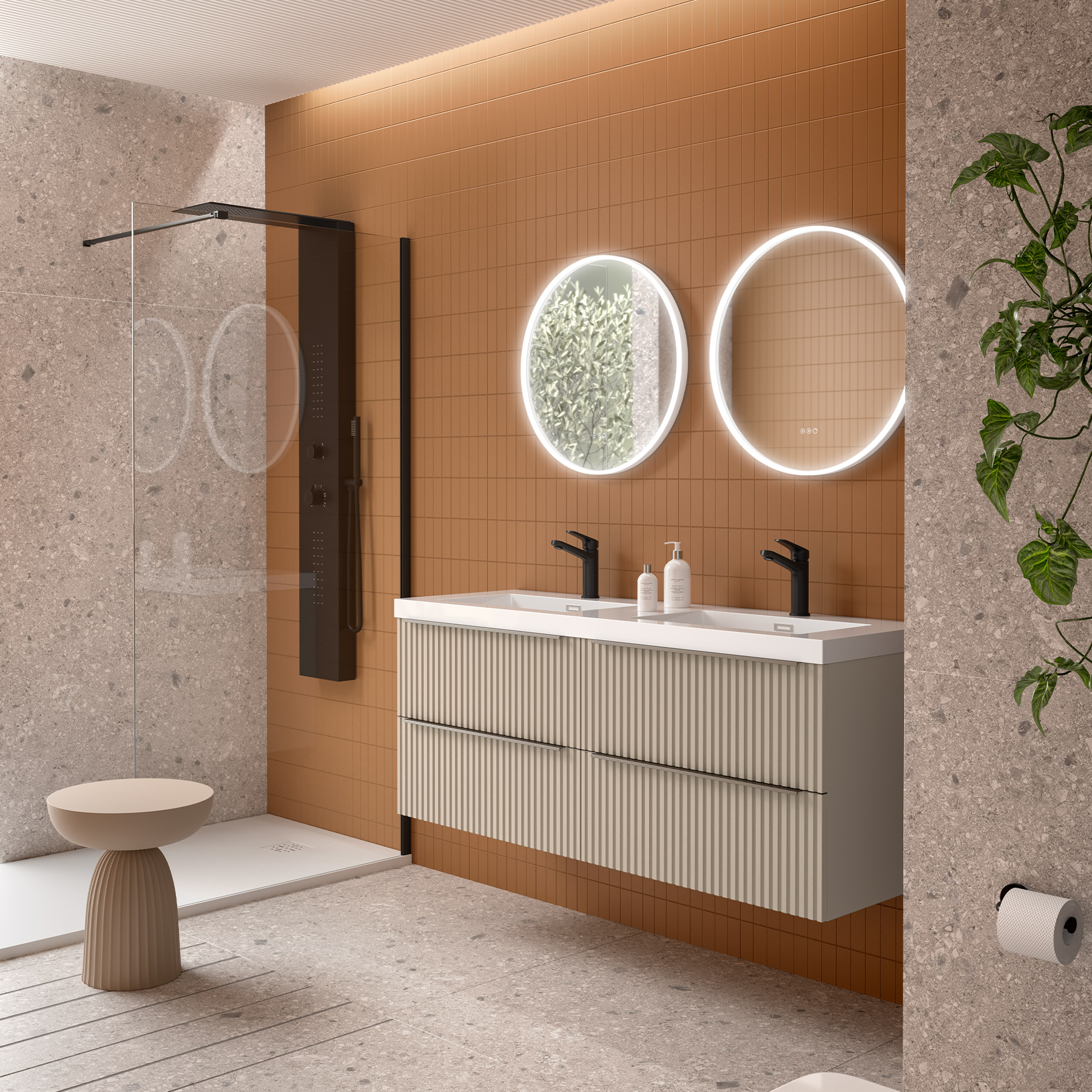 Badkamer met terracotta wandtegels en dubbele wastafel