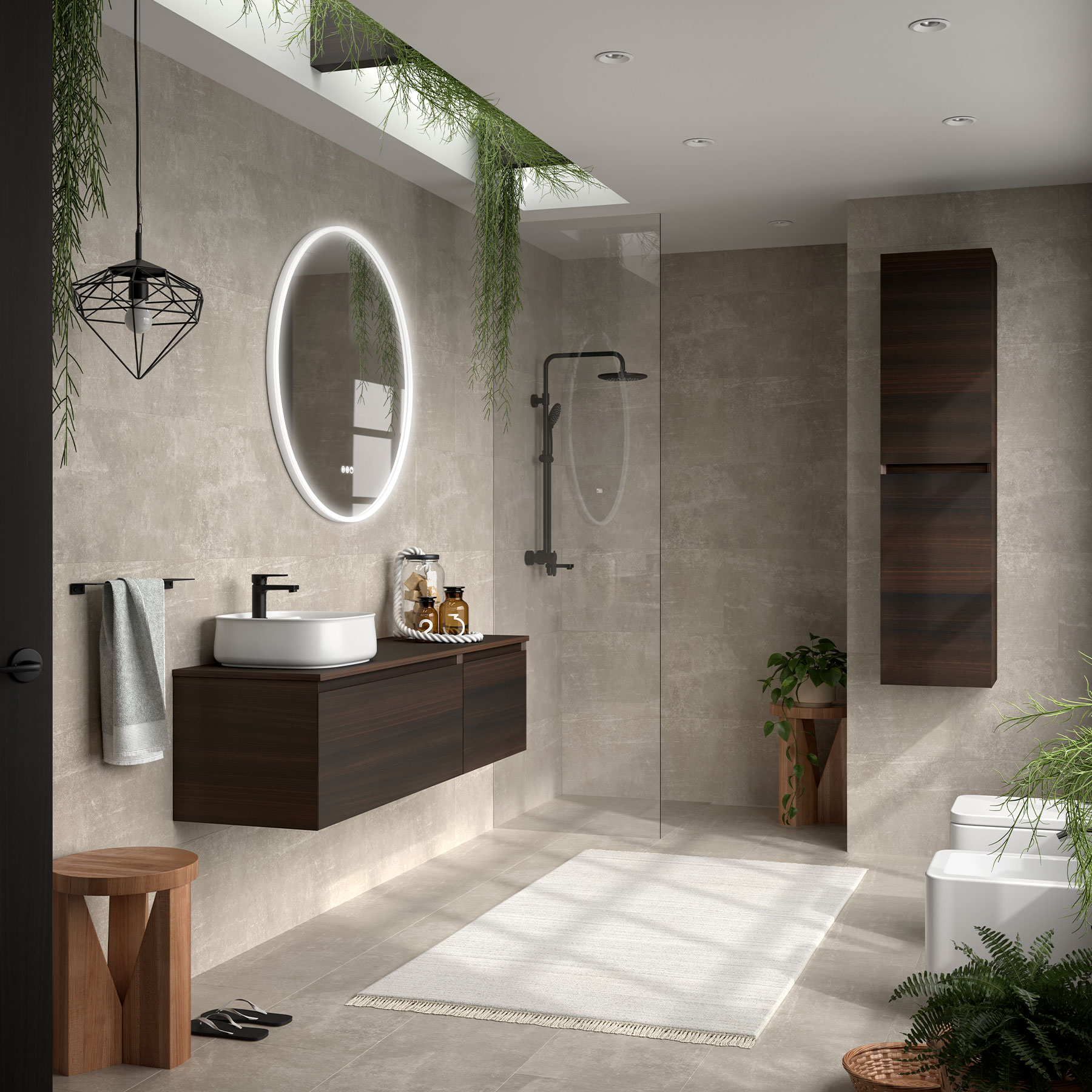 Inloopdouche met beige natuursteentegels en donker houten meubel