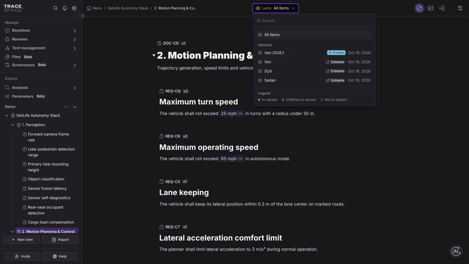 Screenshot of Trace.Space showing how you can list of variants to use as lens