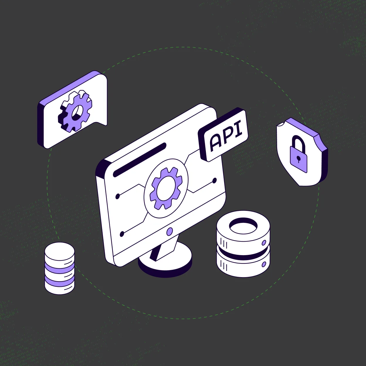 Isometric illustration of a desktop monitor displaying a gear icon and an API label, surrounded by database icons and a shield with a padlock symbol, representing secure API and data management.