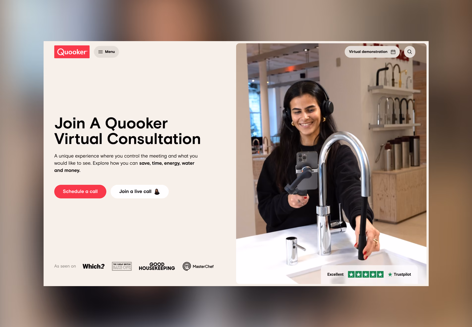 Website landing page promoting Quooker virtual consultation featuring a smiling woman with headset demonstrating a modern kitchen faucet, with call-to-action buttons to schedule or join a live call and trustpilot rating visible.