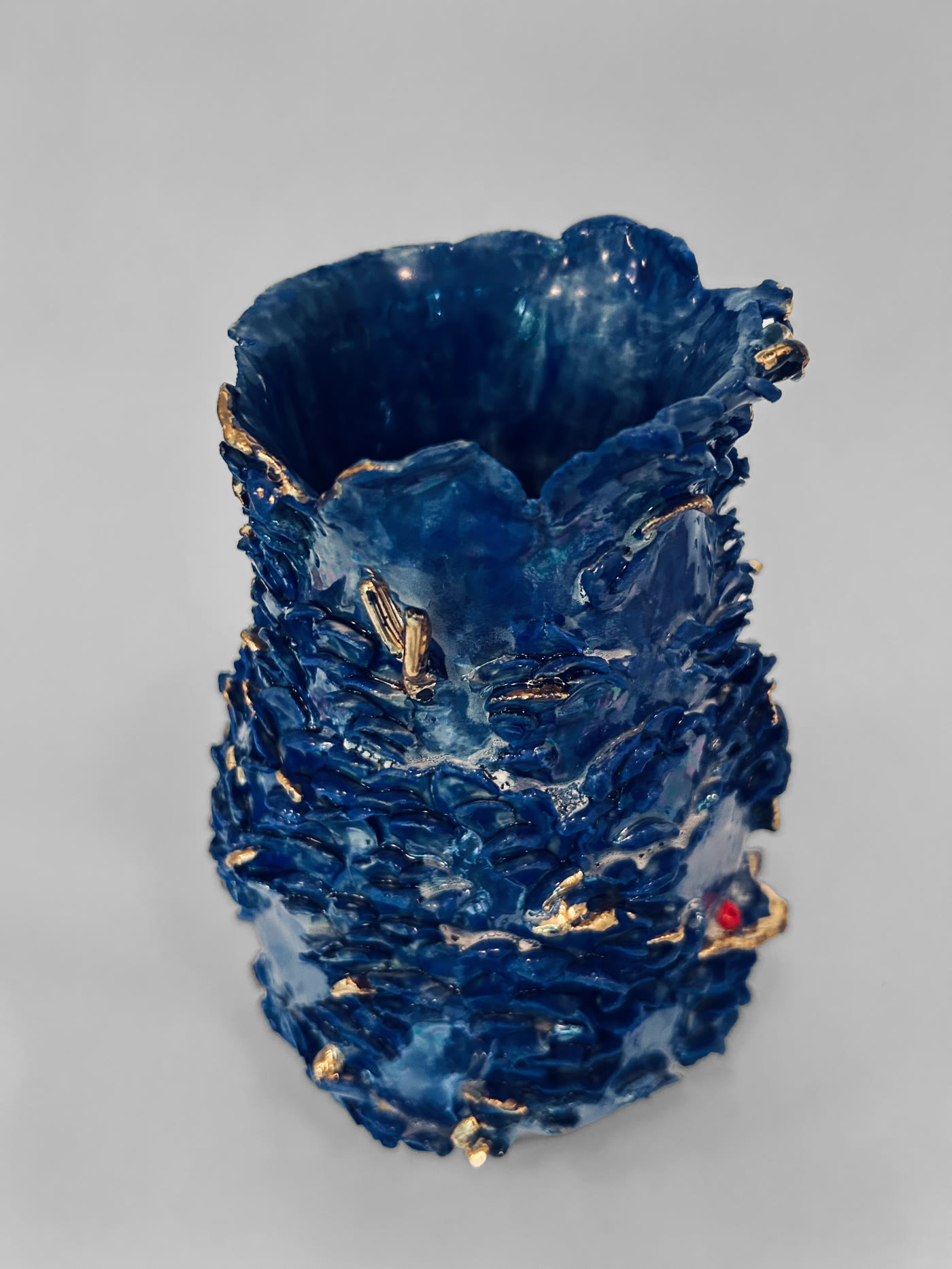 Cobalt blue hand-built vessel with gold lustre by Consuelo Becerra, view 2 of 6