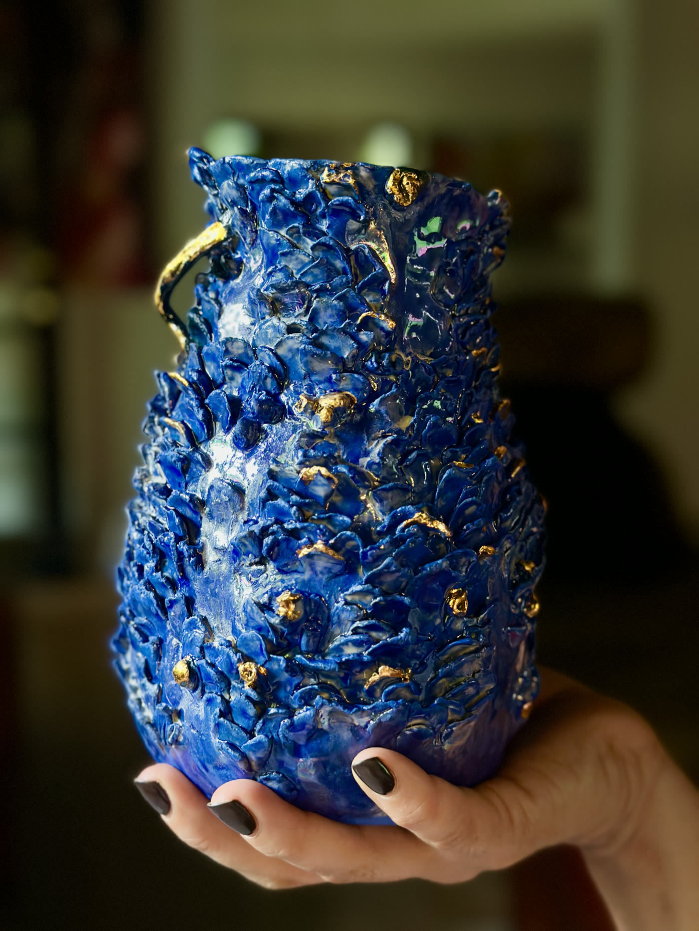 Cobalt blue hand-built vessel with gold lustre by Consuelo Becerra, view 1 of 6