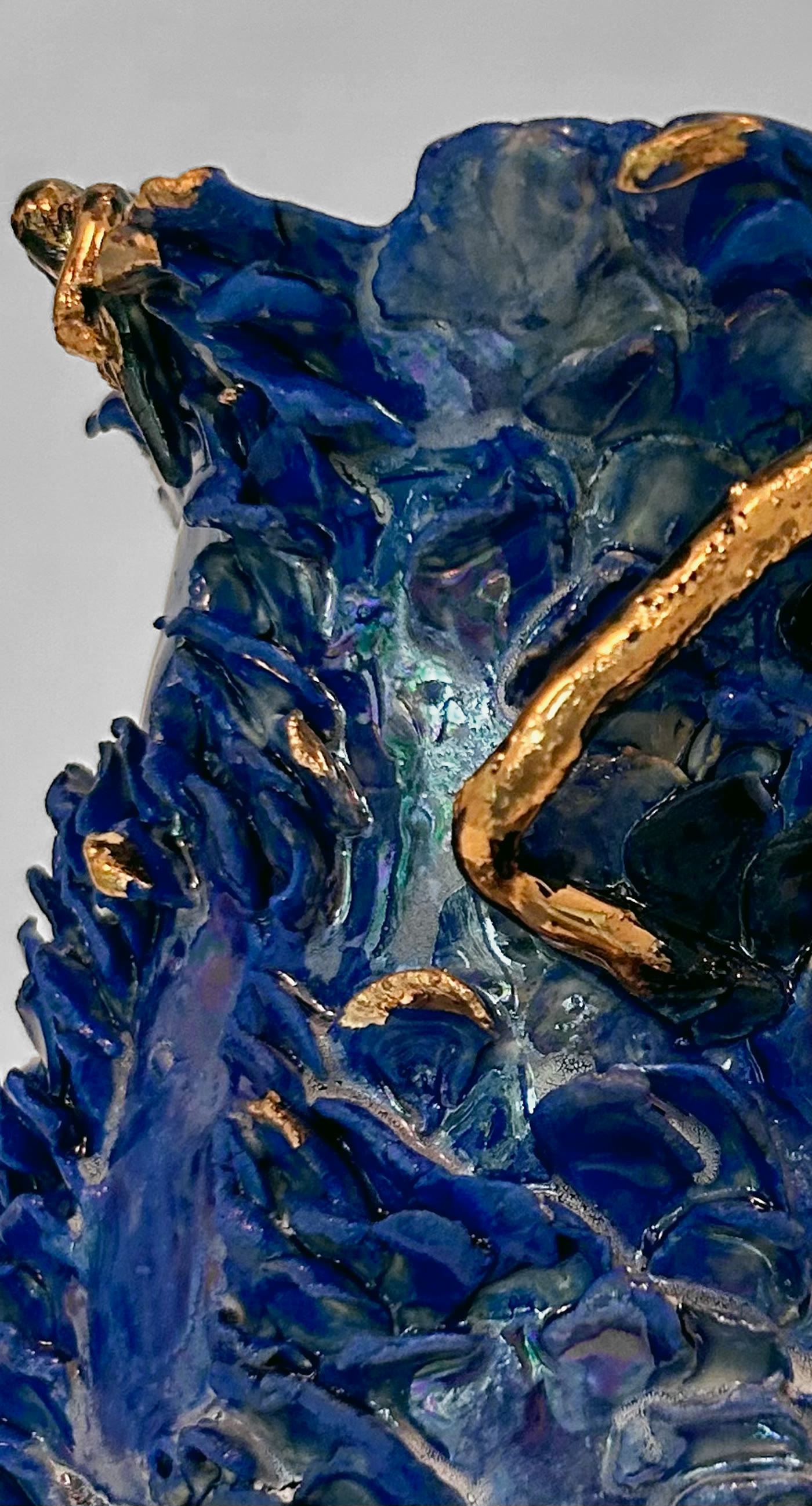 Cobalt blue hand-built vessel with gold lustre by Consuelo Becerra, view 6 of 6