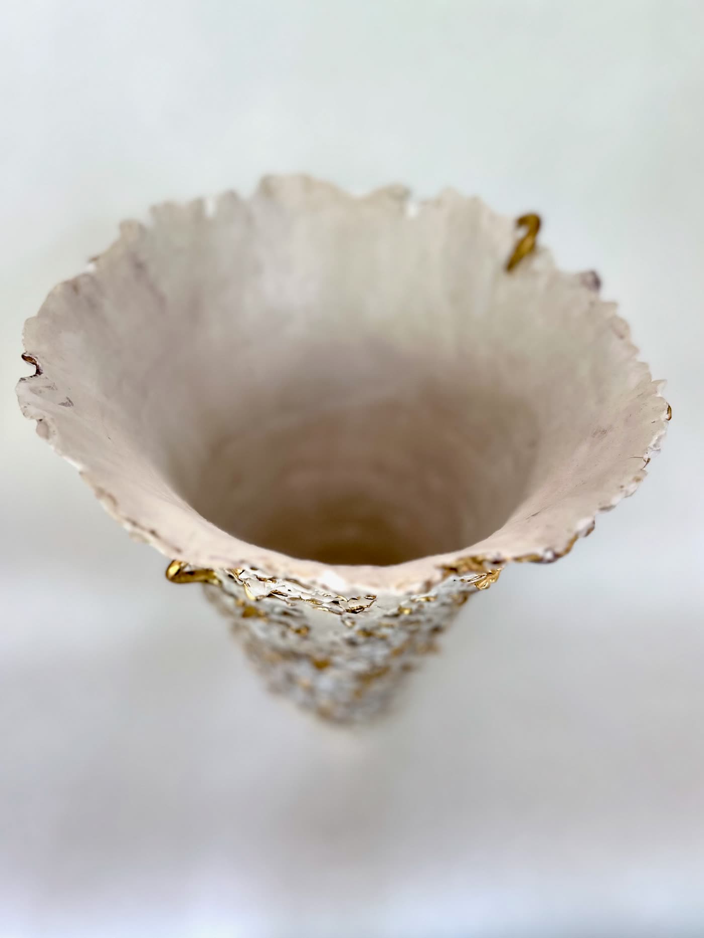 Overhead view into the white and gold vessel by Consuelo Becerra, showing gold lustre along the ruffled edge, view 5 of 8