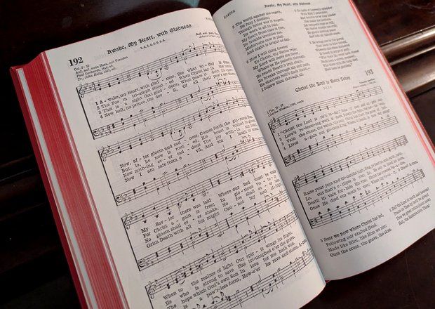 A photo of the full eight stanza Awake My Heart with Gladness from CPH's red The Lutheran Hymnal (1941)