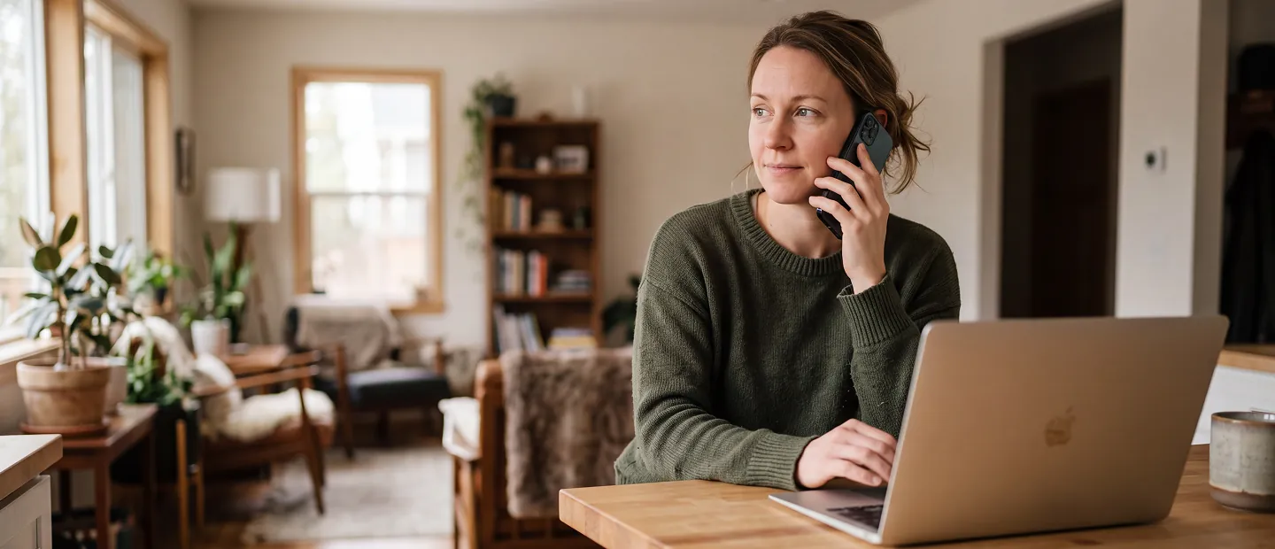 A woman in a green sweater sitting at a wooden table, talking on a smartphone while using a laptop in a cozy room with plants and bookshelves.