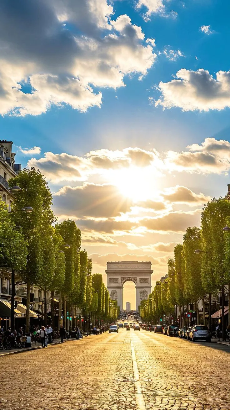 Vue de l'avenue des Champs-Élysées avec l'Arc de Triomphe au centre sous un ciel bleu partiellement nuageux et un soleil bas illumine la rue bordée d'arbres et de voitures garées.