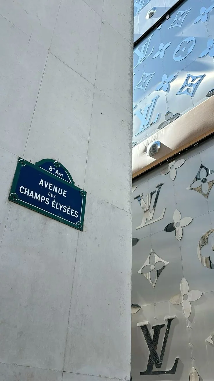 Panneau de rue bleu indiquant Avenue des Champs Élysées dans le 8e arrondissement, à côté d'une façade en métal décorée du logo Louis Vuitton.