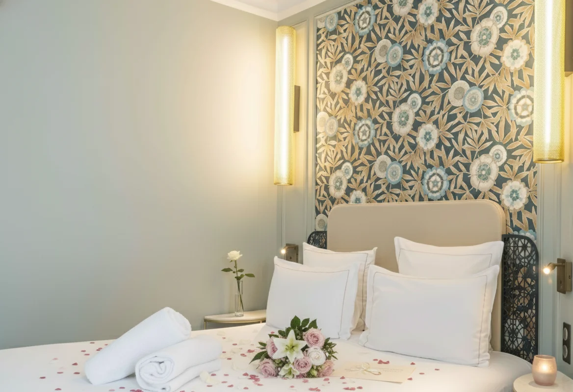 Chambre romantique avec un lit double élégant décoré de quatre grands oreillers blancs, un bouquet de fleurs blanches et roses au centre, des pétales de rose éparpillés, un mur à motifs floraux en arrière-plan, deux suspensions lumineuses verticales dorées, une table de chevet avec un vase contenant une rose blanche, et une petite bougie allumée sur une autre table.