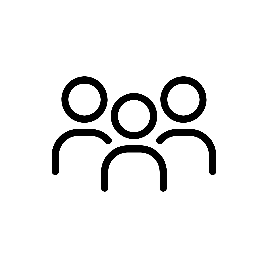 Ícone que representa três pessoas simplificadas com círculos para a cabeça e linhas curvas para o corpo, ilustrando um grupo ou uma comunidade.