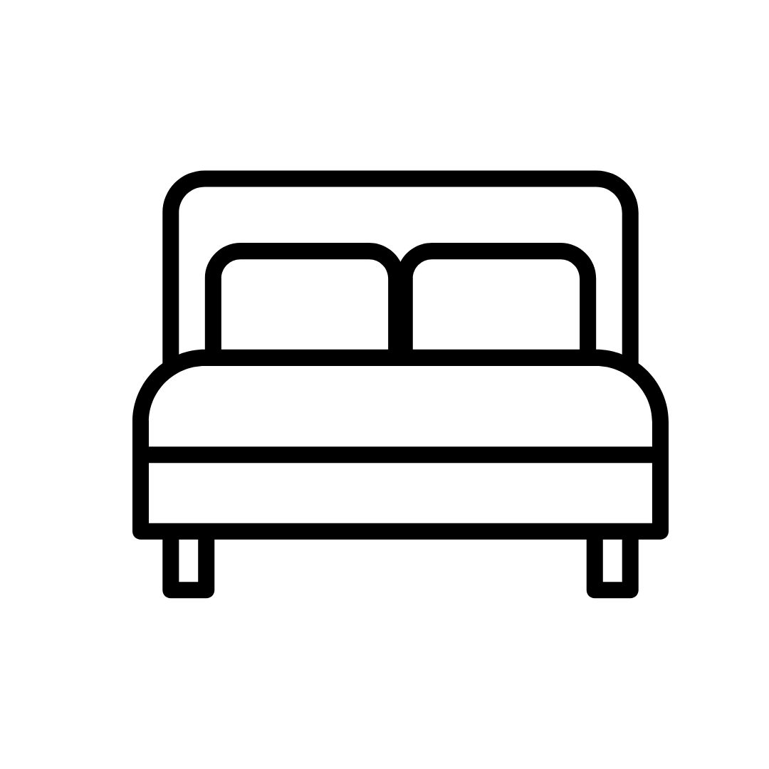 Ícone de cama de casal com dois travesseiros, desenho minimalista em linhas pretas.