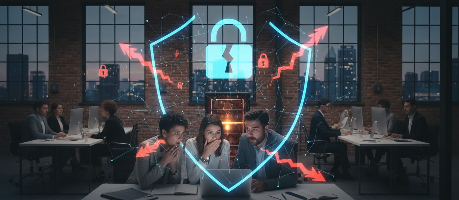 people at the office looking shocked at a cyber incident on a screen