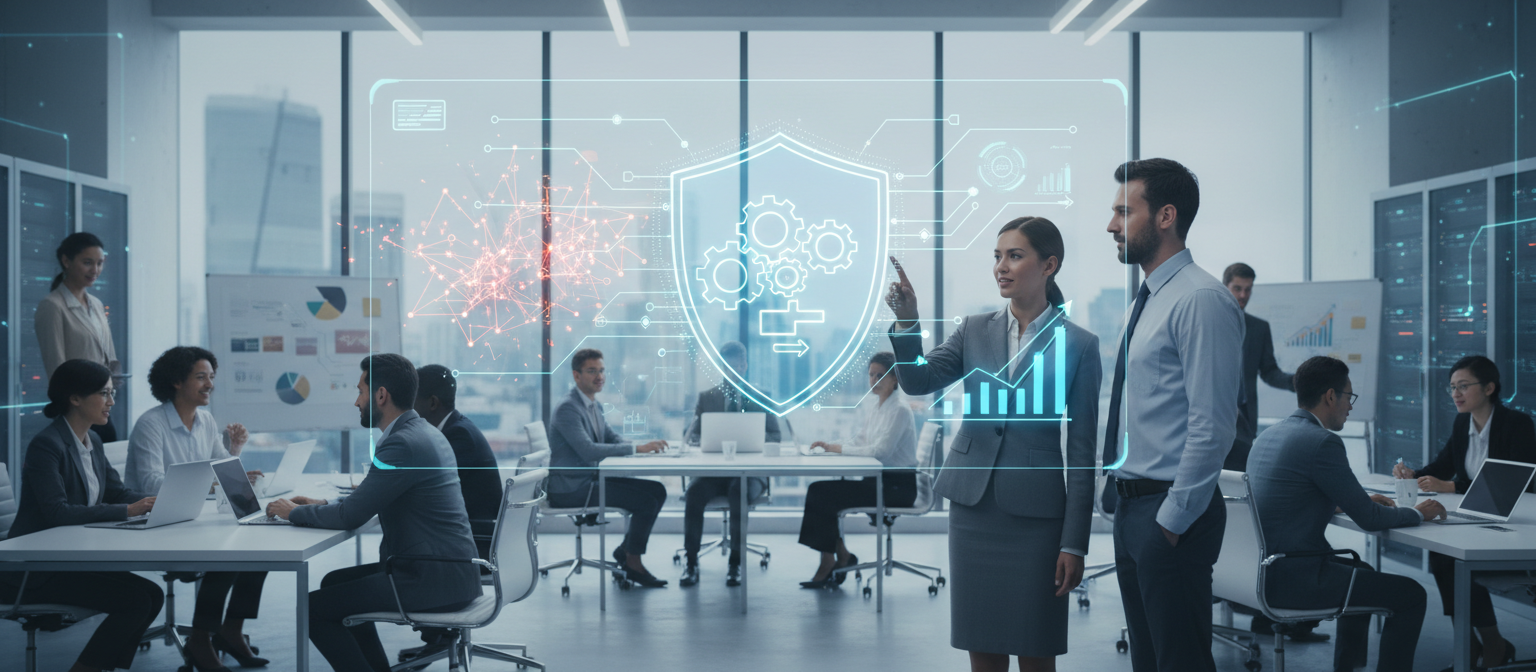 an office where an expert visualize a cyber defense strategy