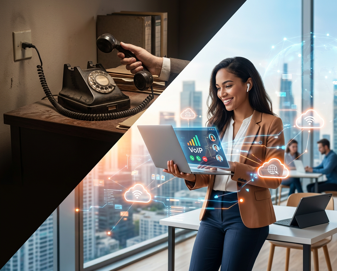 een ouderwetse telefoon versus een moderne VoIP-technologie