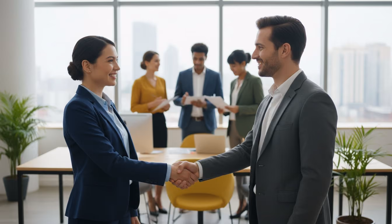tevreden zakenmensen die elkaar de hand schudden na een succesvolle deal.