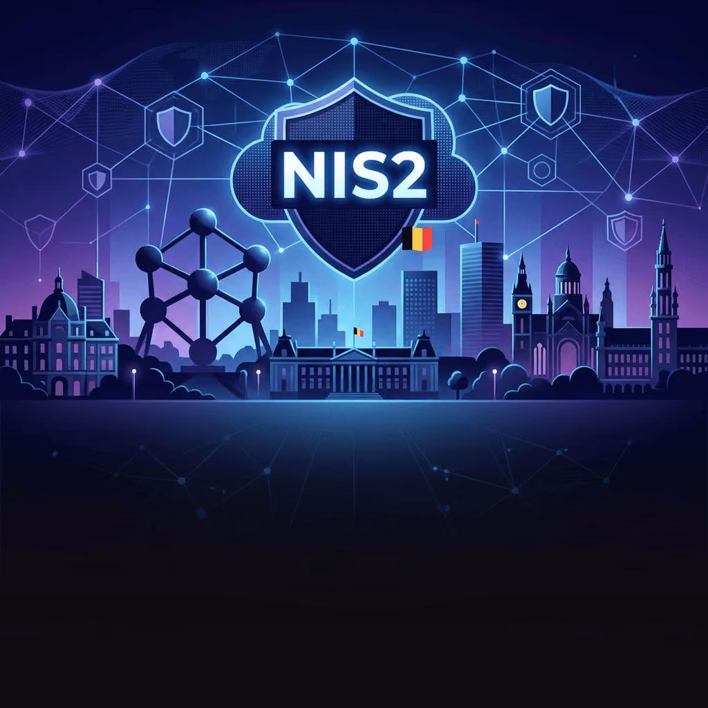 Een NIS2-banner boven een foto van een Belgische stad 's nachts
