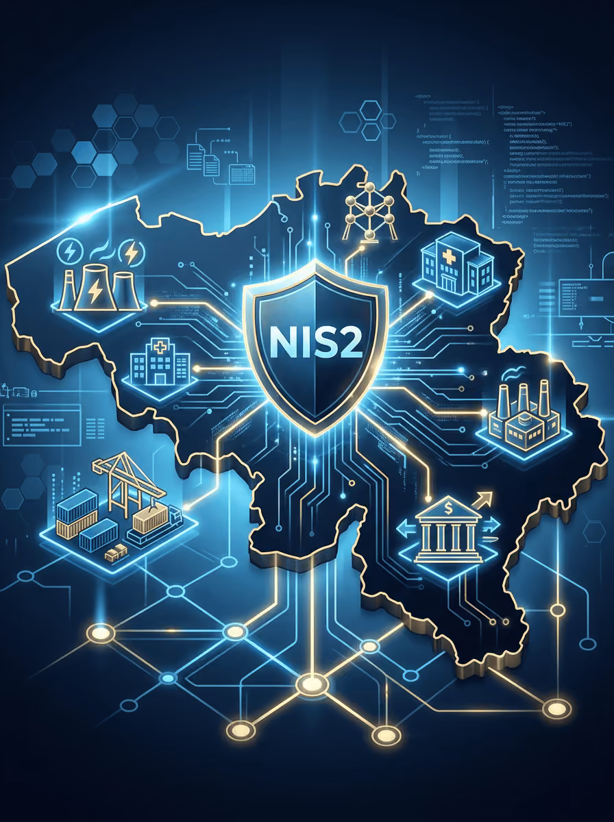 Een kaart van België met NIS2 in het midden en een illustratie van verschillende industrieën