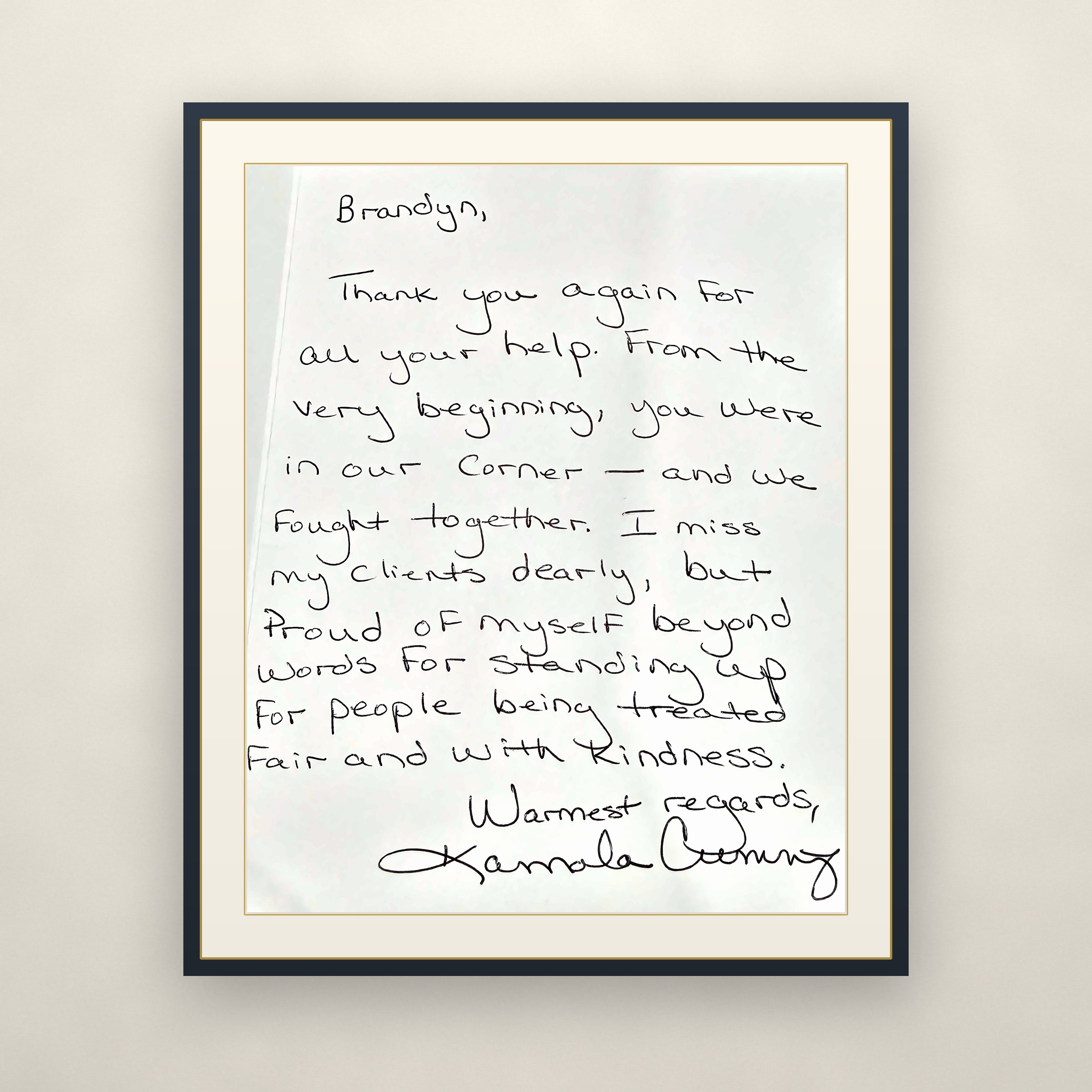 Handwritten thank-you note from a client to attorney Brandyn Mungo