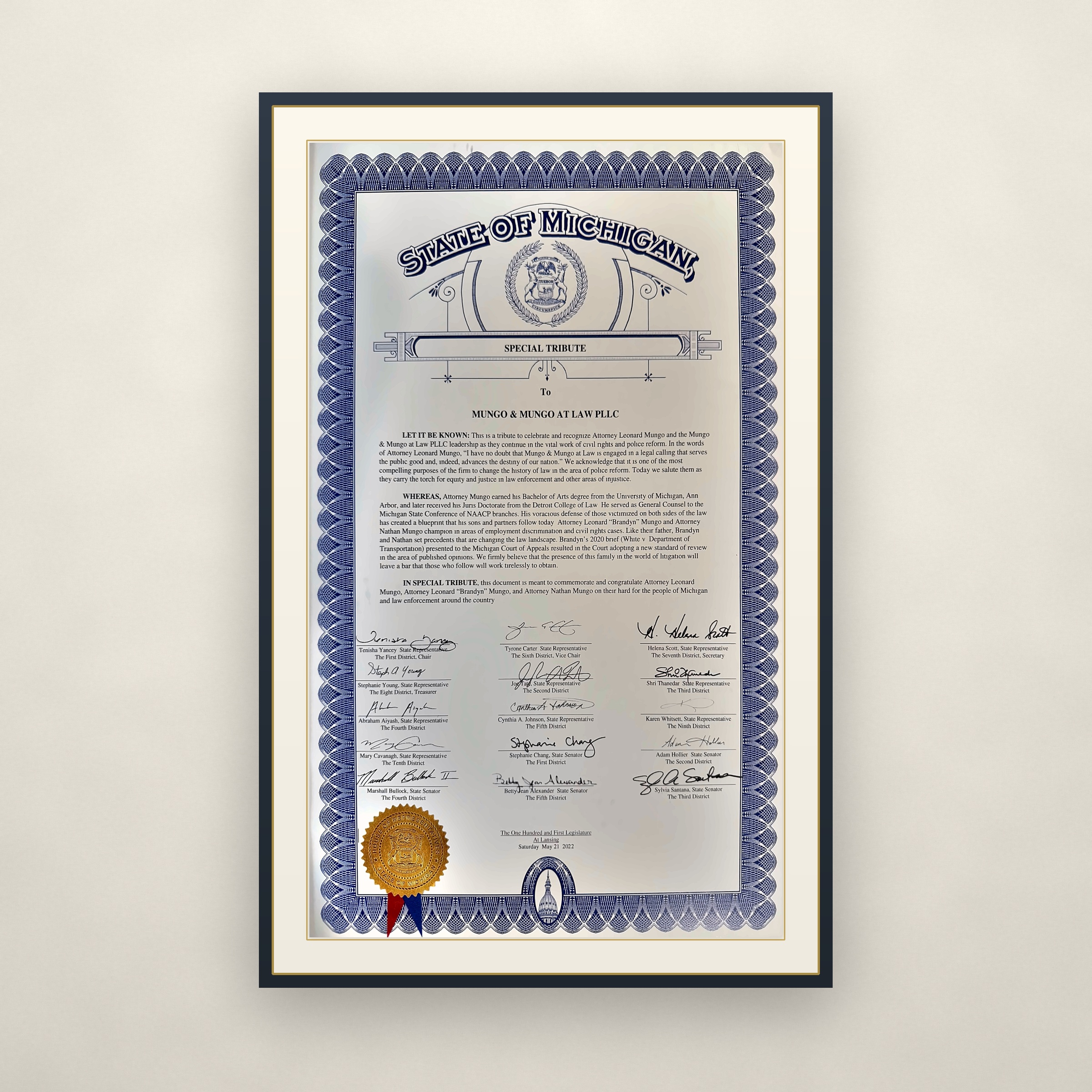 Special Tribute from the Michigan Legislature to Mungo & Mungo at Law, May 21 2022