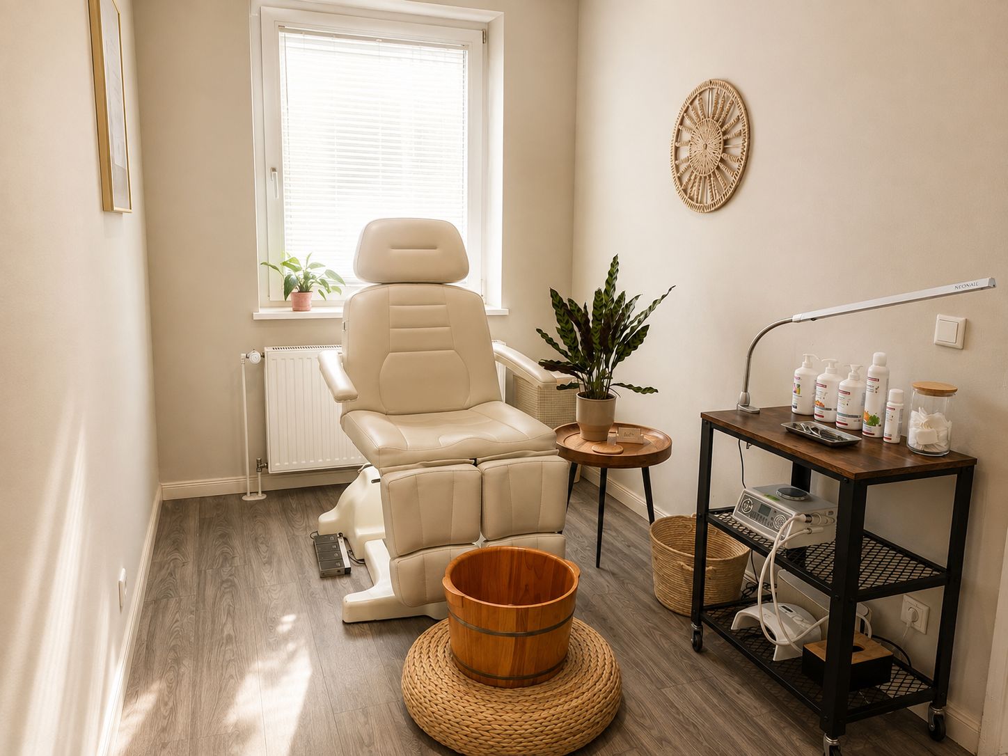 Clean and bright spa or salon room with a beige recliner chair, a wooden bucket on a woven mat in front, a small round wooden table with a potted plant, and a black metal cart holding bottles, equipment, and a lamp against a beige wall with a decorative circular wall hanging.