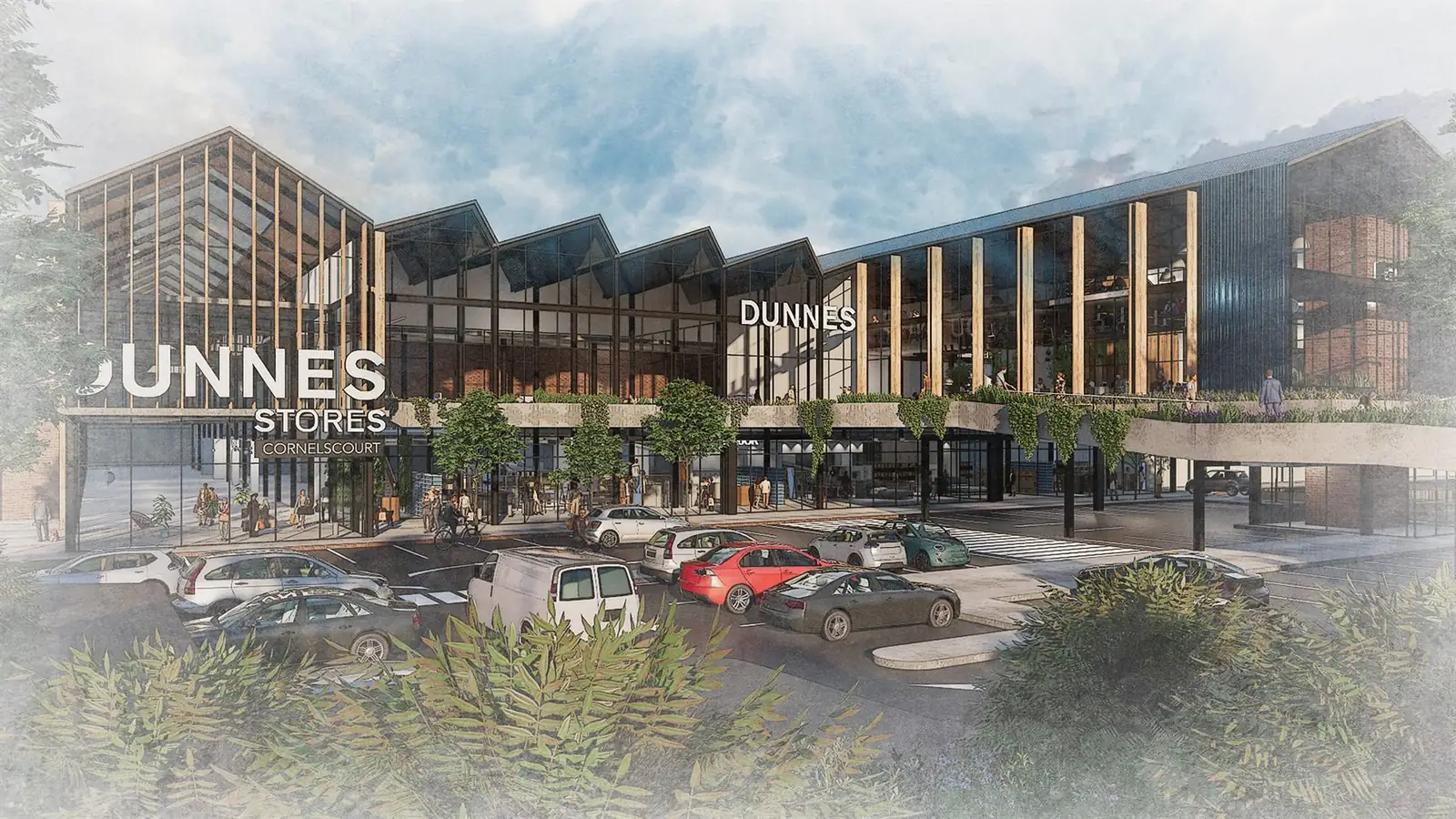 Design Partnership Interior Design Ireland. Cornelscourt neighbourhood centre with a contemporary retail frontage design in Dublin.