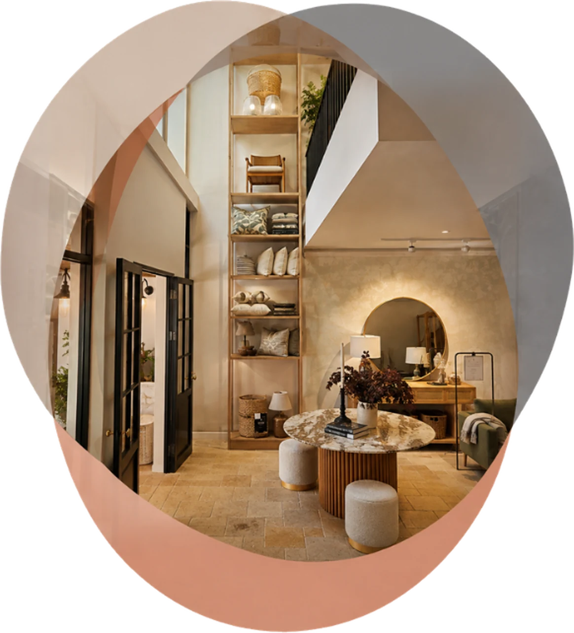 The three lenses of retail design: the art, science and delivery lenses shown as three overlapping circles over a retail interior.