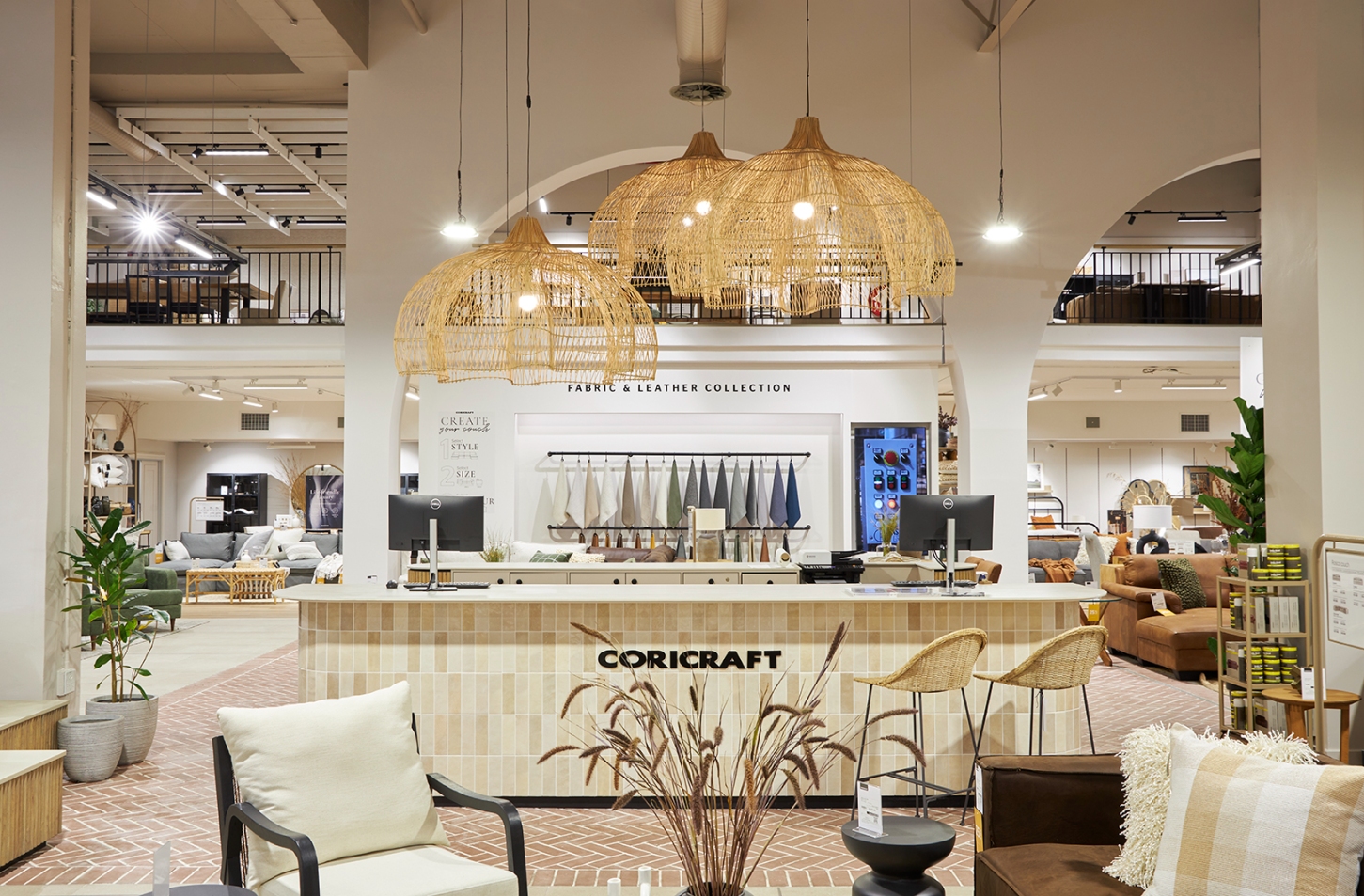 Coricraft retail store design with branded displays, fabric library and customer flow planning. Retail interior design by Design Partnershp.
