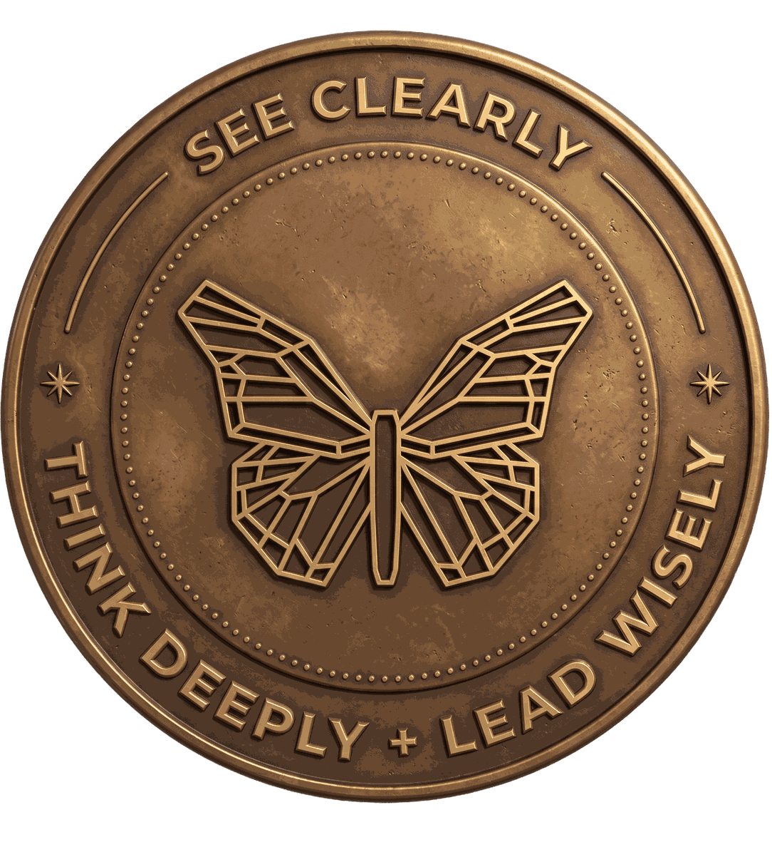 Ron J West bronze coin — See Clearly, Think Deeply + Lead Wisely