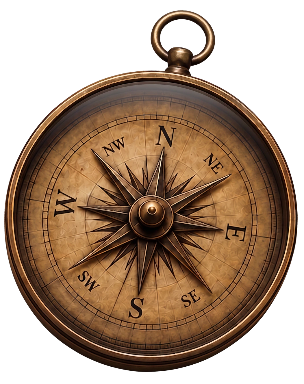 An antique brass compass with an ornate compass rose