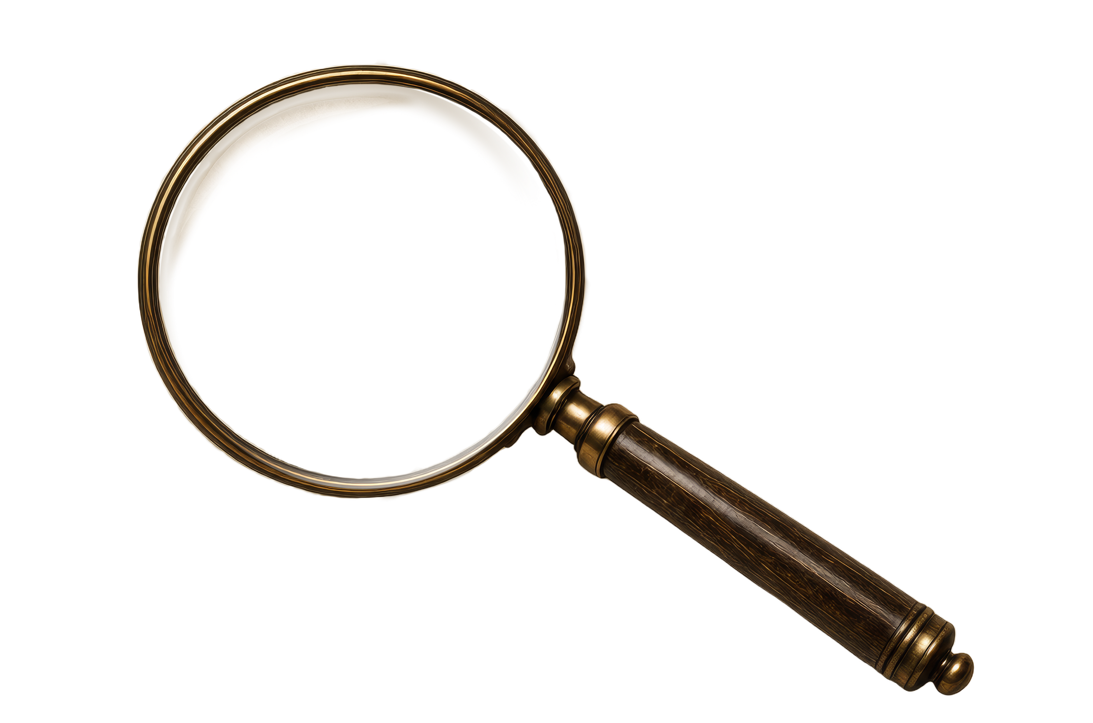 Vintage brass magnifying glass with wooden handle on white background